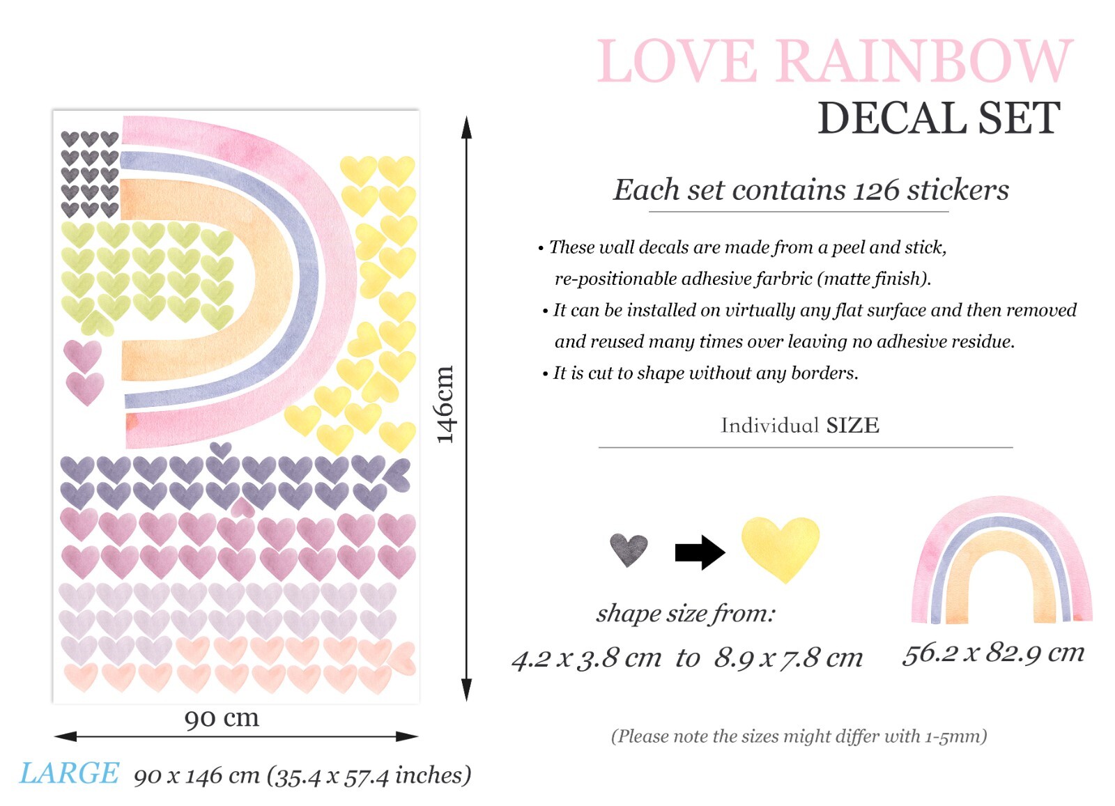 Watercolor Rainbow Love Heart Removable Wall Fabric Girl Room Decal Set Sticker