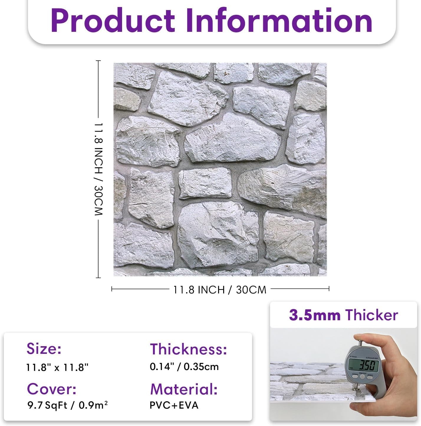 3D Faux Stone Wall Panels Peel and Stick Whitewash, 10 Pcs 11.8" x 11.8", Sto…