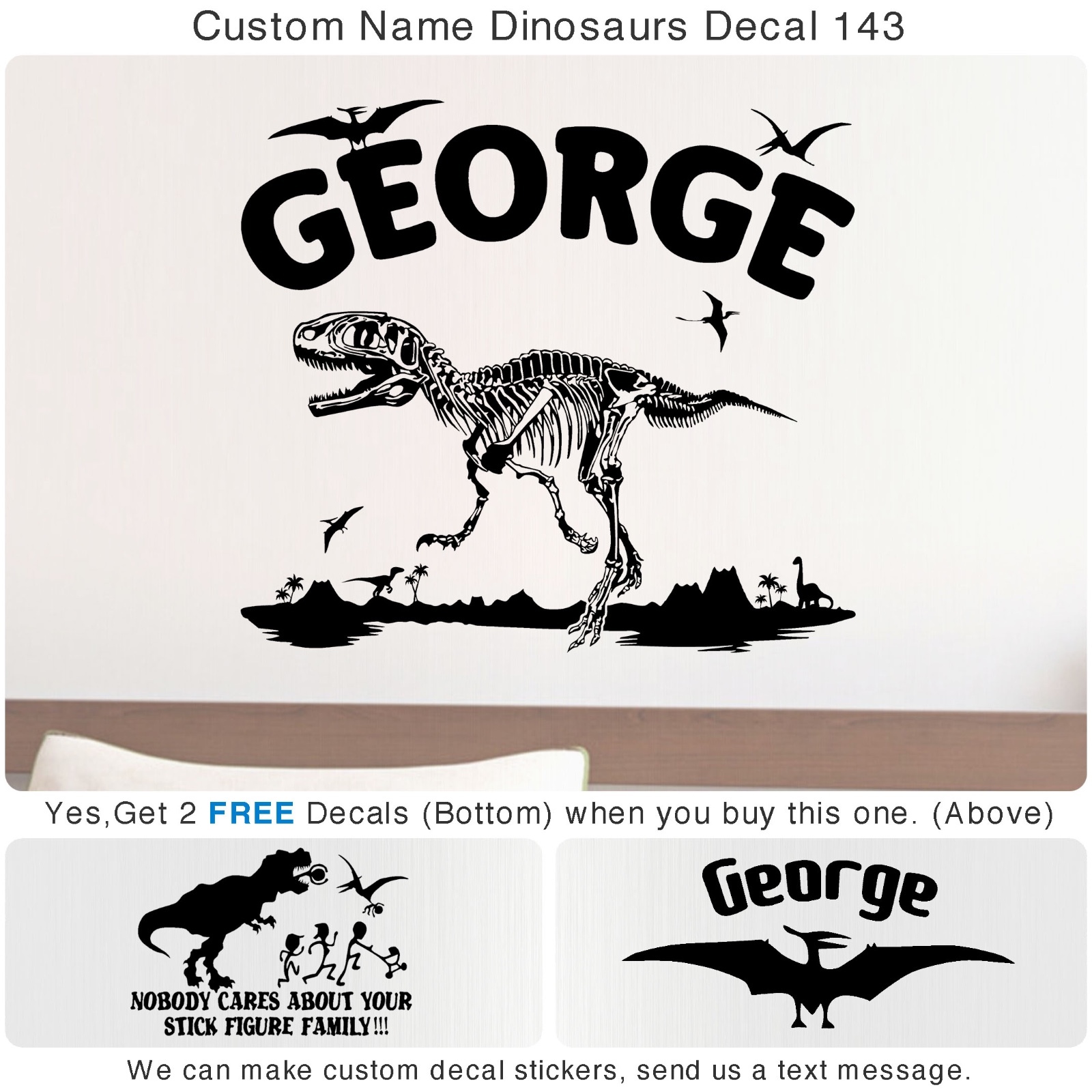 Custom Dinosaur Bone Name Stick Figure Family T-Rex Eats Sticker Wall Decal 143
