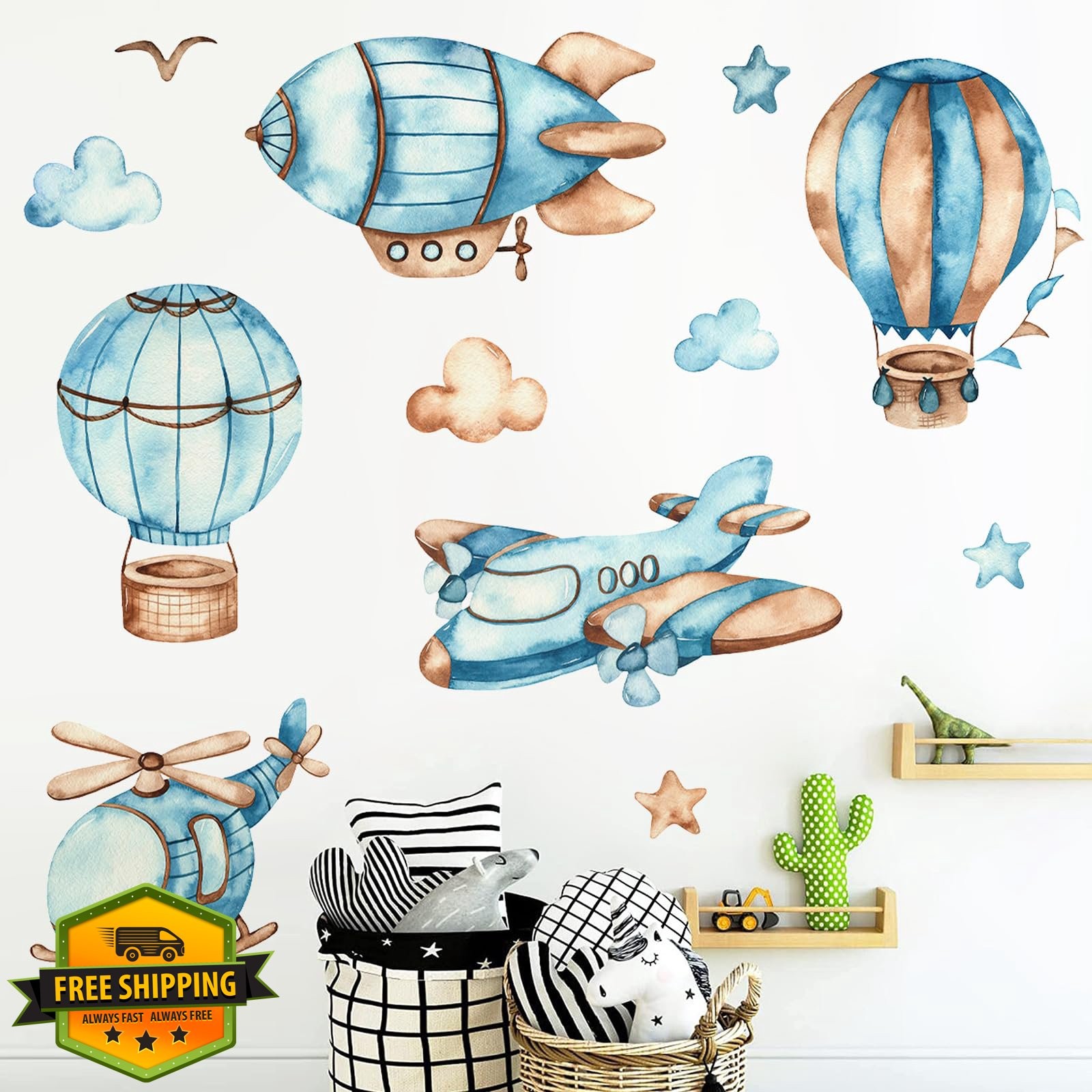 Buiory Hot Air Balloon Airplane Wall Decals Kids Nursery
