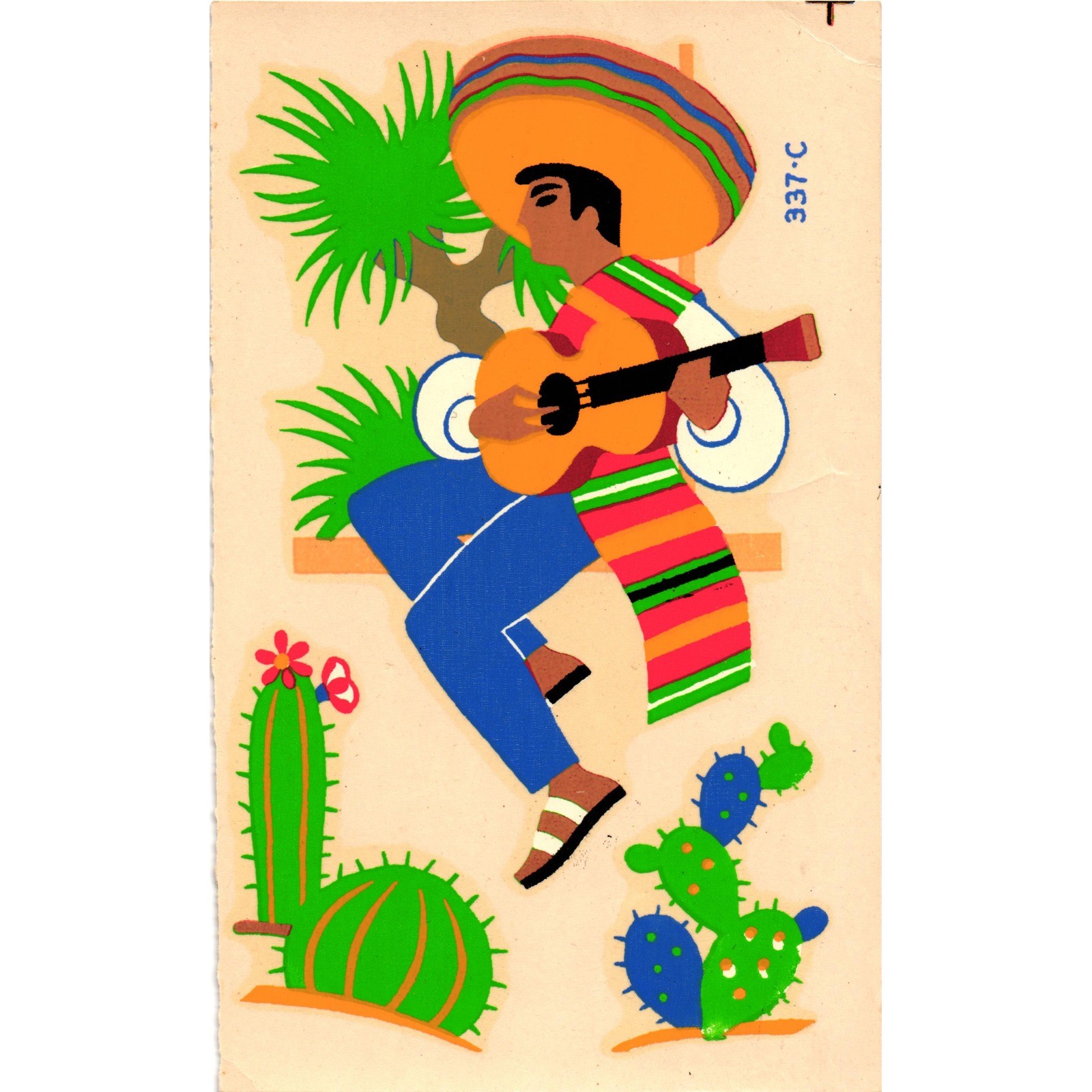 Vintage Meyercord Mexican Guitar Player Folk Art Decal 337-C NOS Southwest