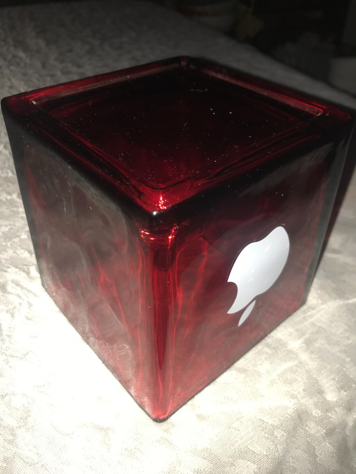 APPLE Inc. WHITE Iconic LOGO Red HEAVY Glass VASE Planter BOWL 4¾" SQUARE Cube