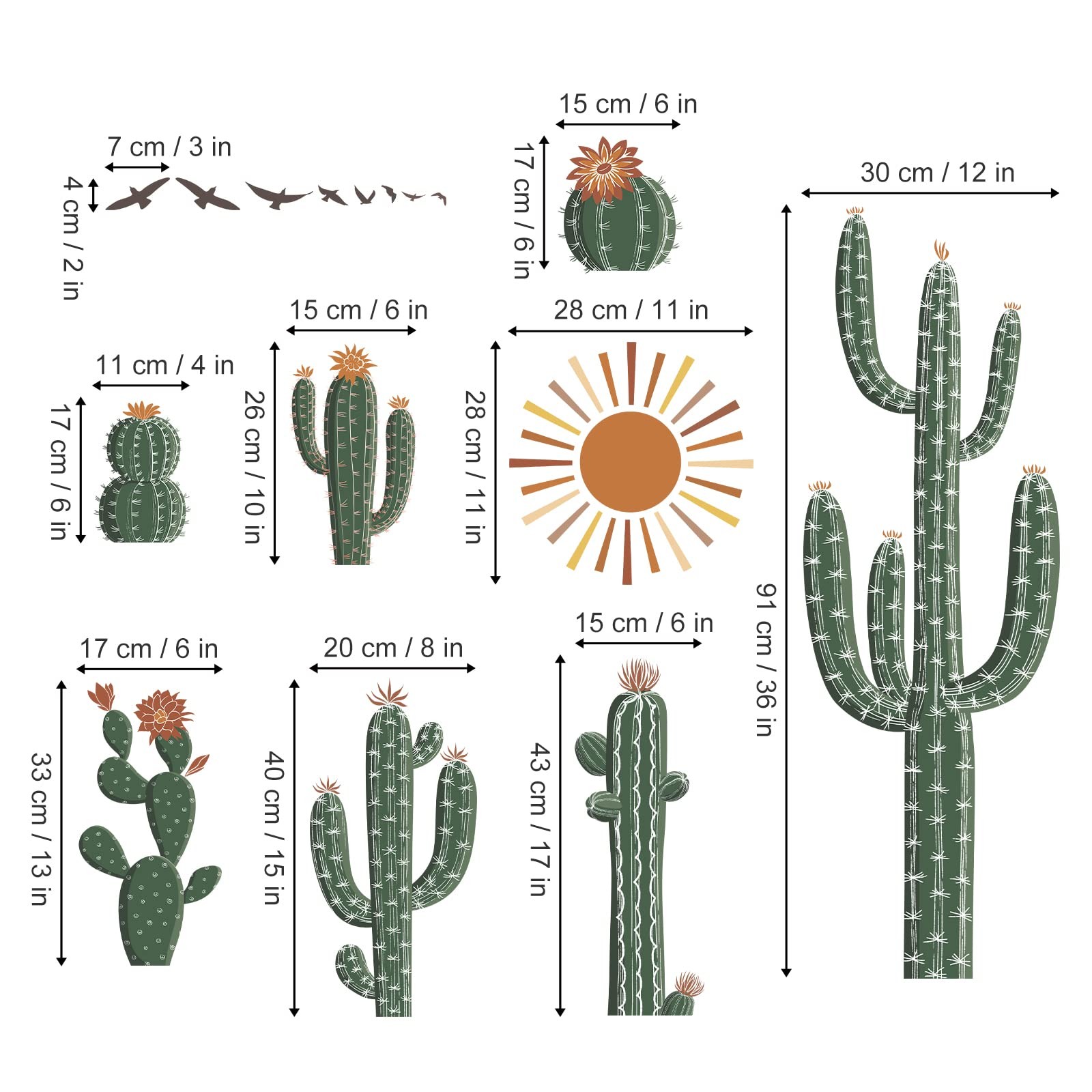 Boho Cactus Wall Stickers Tropical Cacti Green Plants Peel and Stick Wall Art…