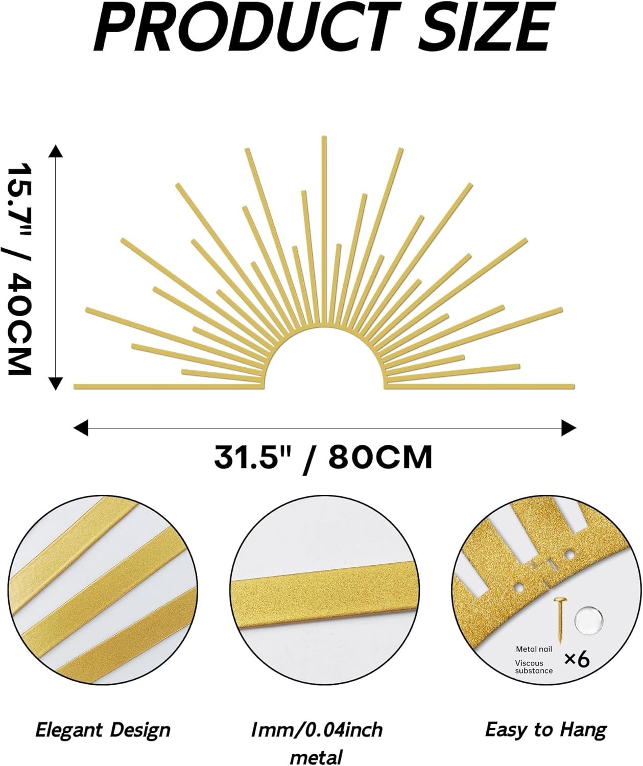 Radiant Gold Sun Wall Art 31.5"x15.7" – Lightweight & Easy Adhesive Installation