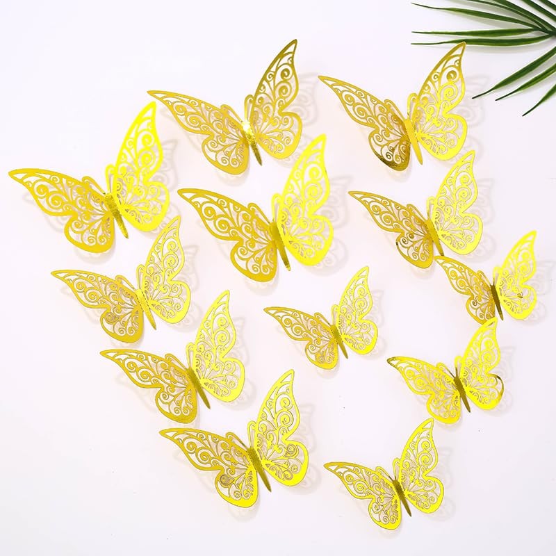 3D Butterfly Wall Decor 48 Pcs 3 Sizes, Gold Decorations for