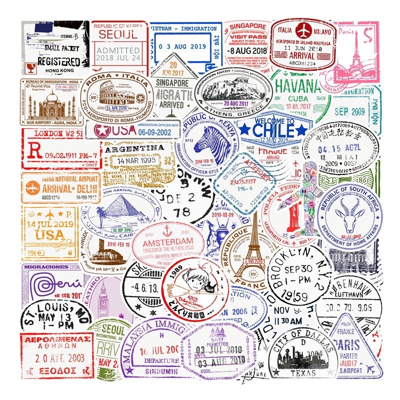 50 Retro Customs Stamp Stickers World Travel Tourist Decals Set A Free Shipping!