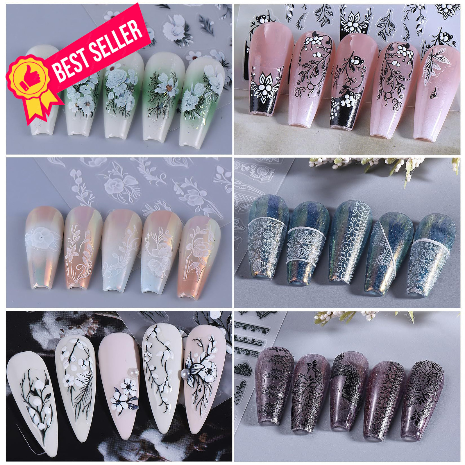 Lace Flower Nail Art Stickers 6 Sheets Black 2.56 x 4 x 0.04 inches, Colorful