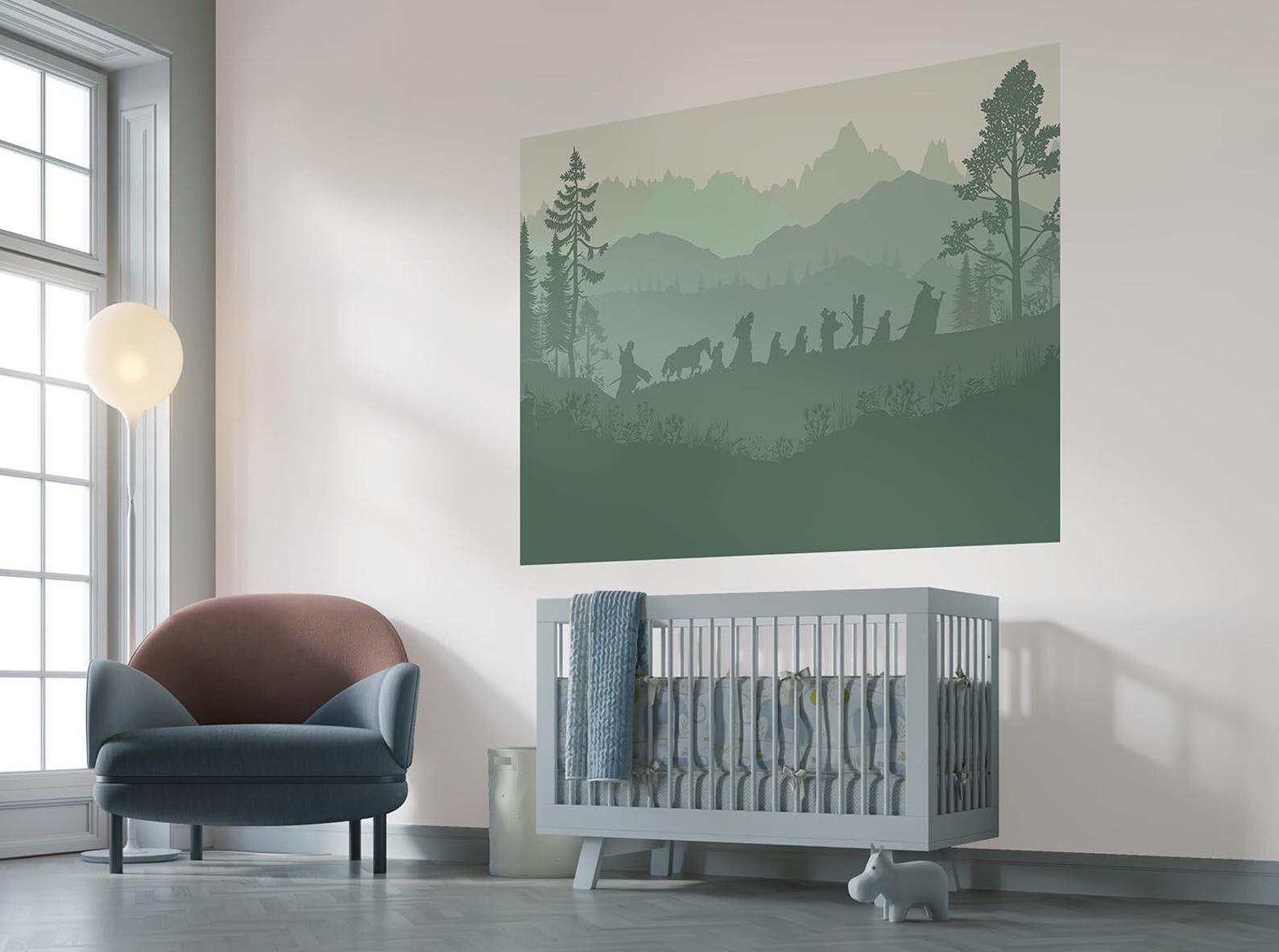 Nursery Wall Mural – Fantasy Landscape Wallpaper | Self-adhesive | Teal, Muted