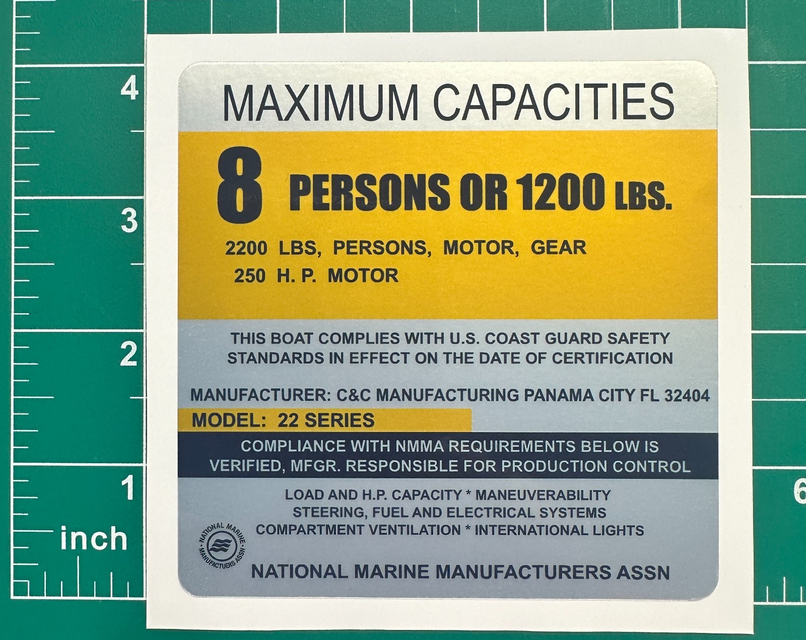 Boat Capacity Plate Sticker 8 Persons 1200 LBS 250 HP C&C 22 Series Decal 4×4