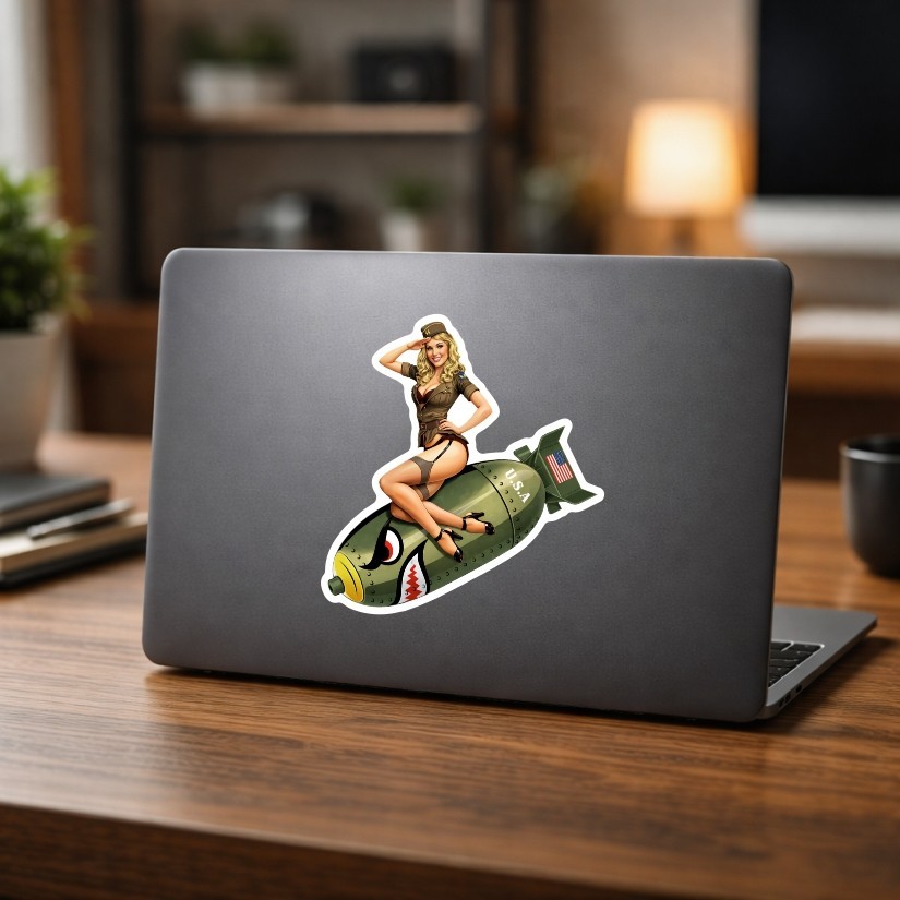 Vintage Pin Up Bomb Girl Sticker WWII Style Blonde Decal USA Nose Art