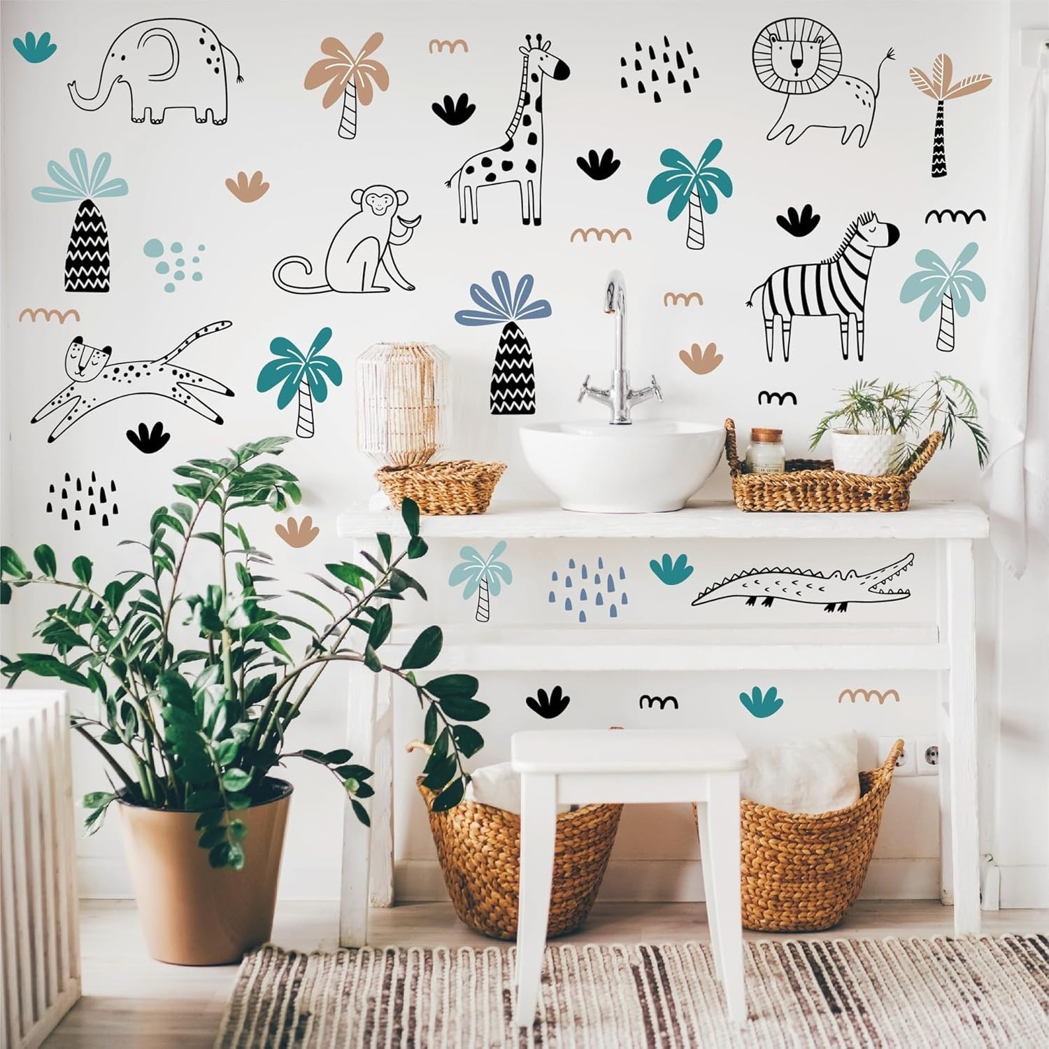 Durable Vinyl Safari Animal Wall Art – 39 Repositionable Decals for Kids' Rooms