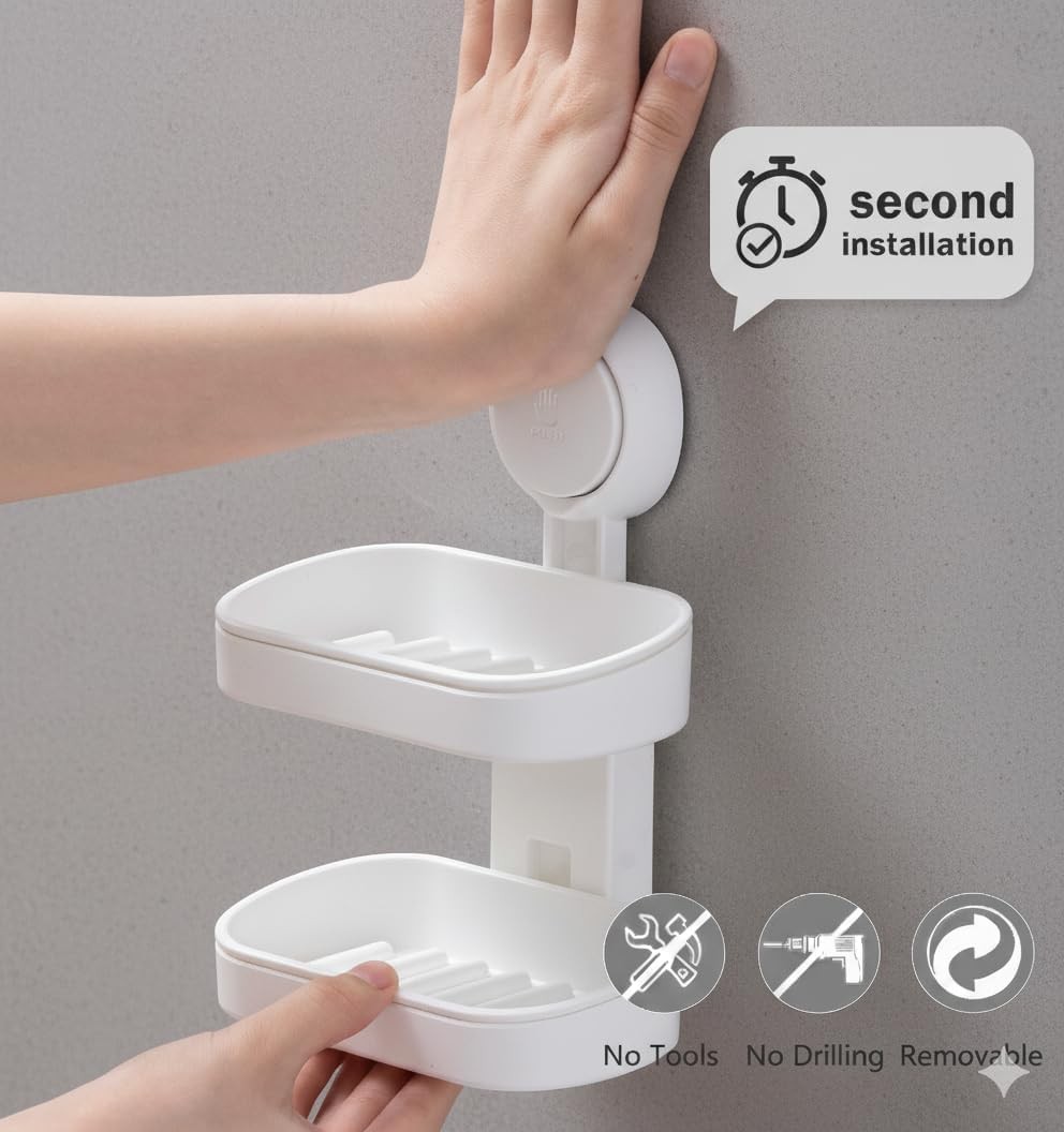 Suction Cup Soap Dish – Dual-Layer, Self-Draining, No-Drill Wall Mount Holder