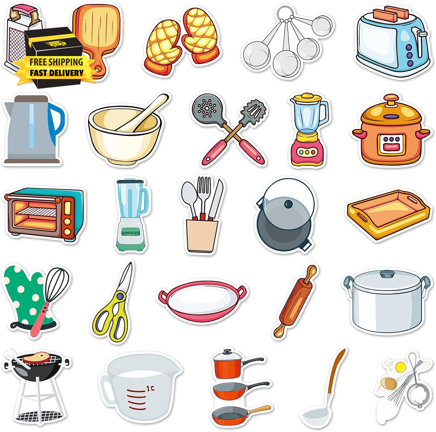 50Pcs Daily Kitchen Utensil Stickers for Water Bottle,Waterproof Viny Stickers f