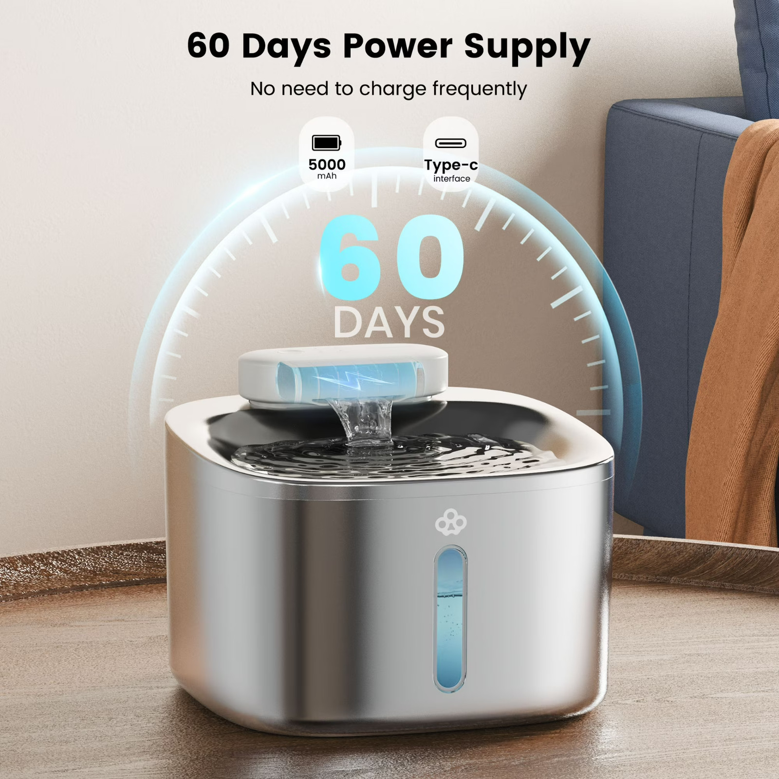 Oneisall CW-01 Wireless Cat Water Fountain 304 Stainless Steel, 3.5L/118oz