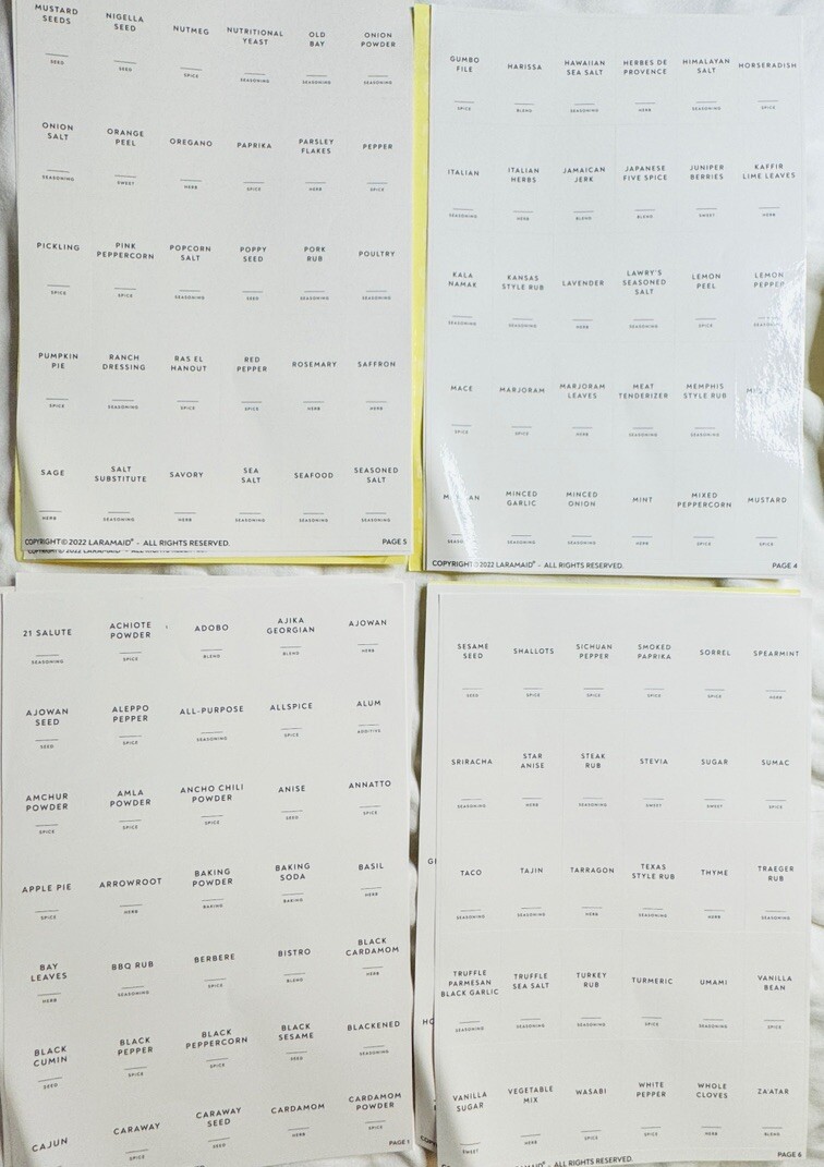 459 Minimalist Spice Jar Label Set, Black Text on White Vinyl Waterproof Labels