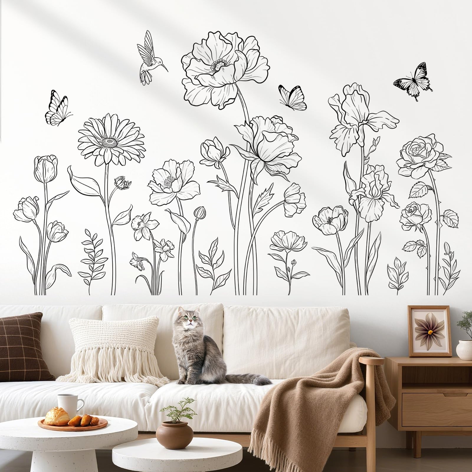 decalmile Large Black Boho Flower Wall Decals Simple Sketch Floral Multi