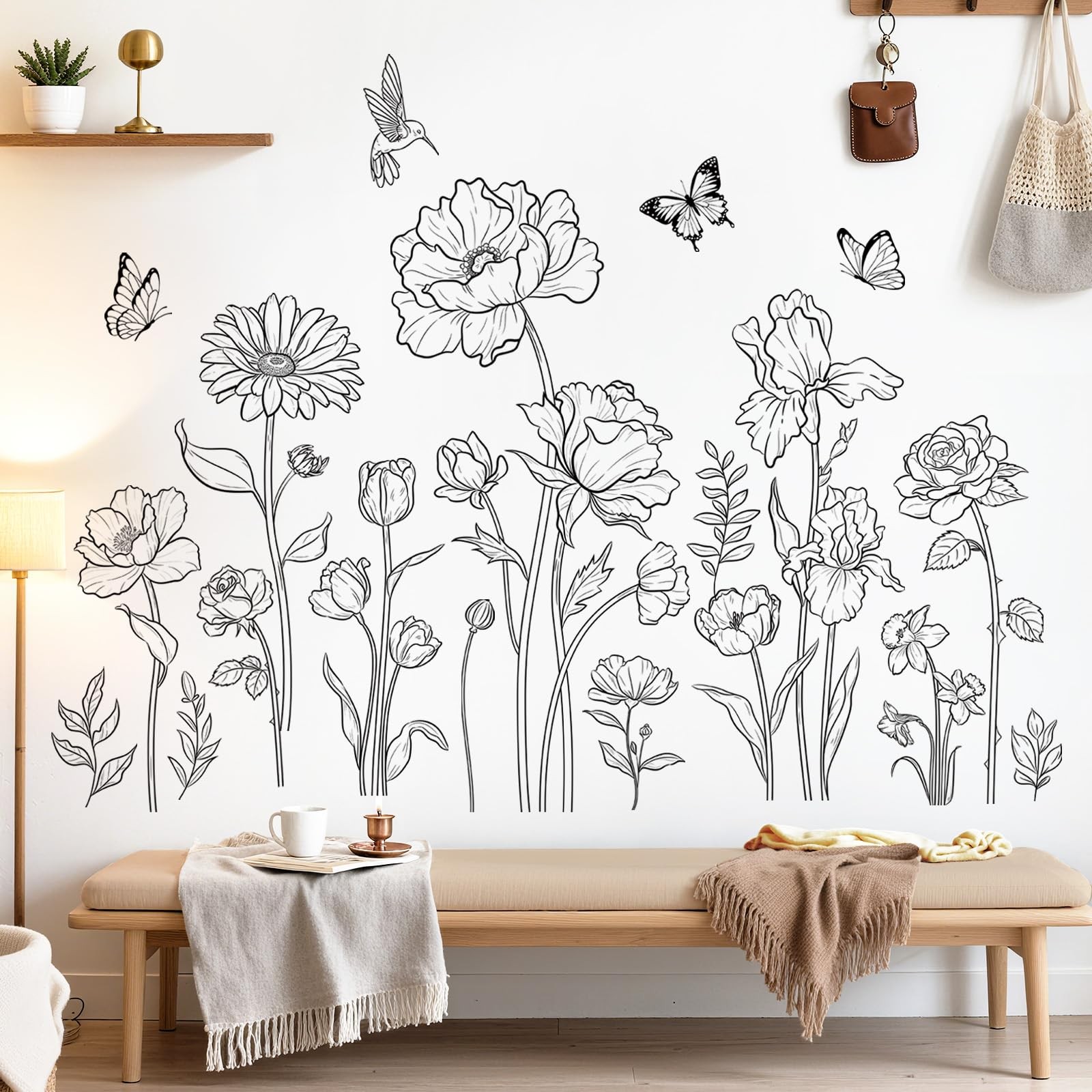 decalmile Large Black Boho Flower Wall Decals Simple Sketch Floral Multi