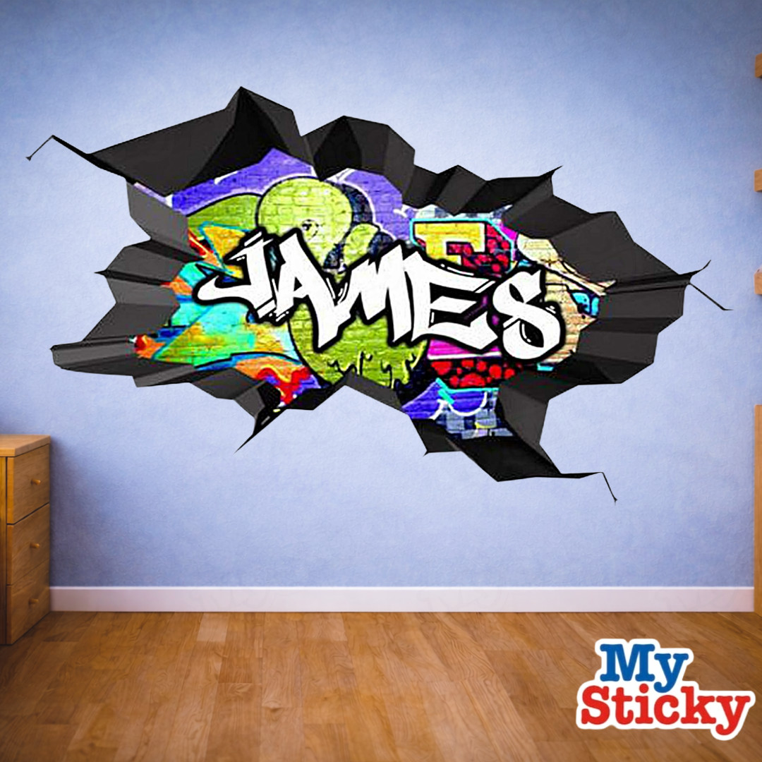 Custom Graffiti Name Wall Decal 3D Breakthrough Gamer Room Street Art Sticker