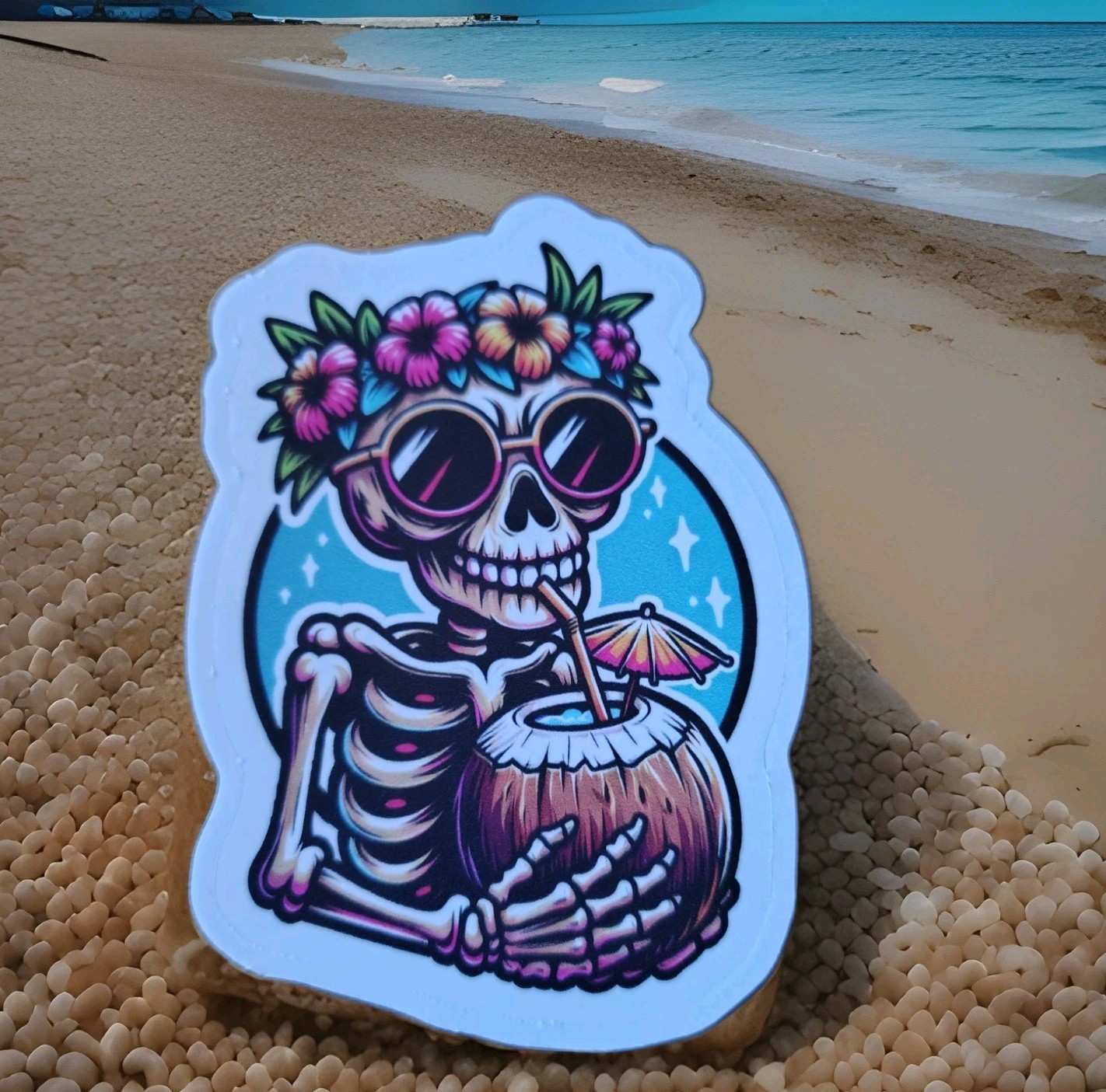 💀🌊Tropical Beach SKELETON UMBRELLA DRINKS Funny 4" Vinyl Sticker Decal!🏖️🐚