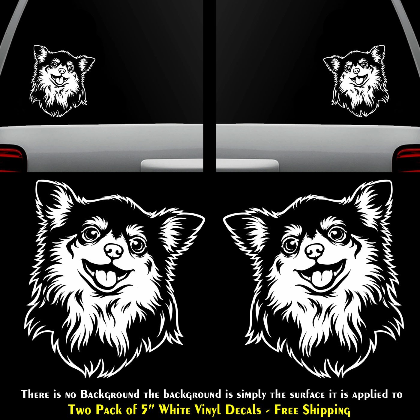 Chihuahua Long Hair 2 Pk 5" White Mirrored Vinyl Decals Car Window Laptop Tablet