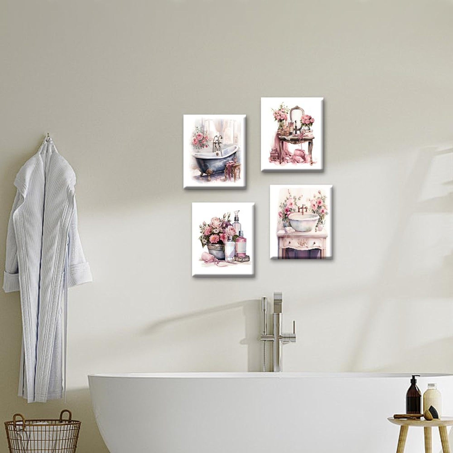 Pink Wall Art Prints Bathroom Wall Decor,Floral Framed Art Posters Girls Bedr…