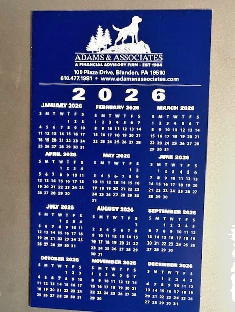 2026 MAGNETIC CALENDAR 4" X 7" Local PA Advertising Adams & Associates Financial