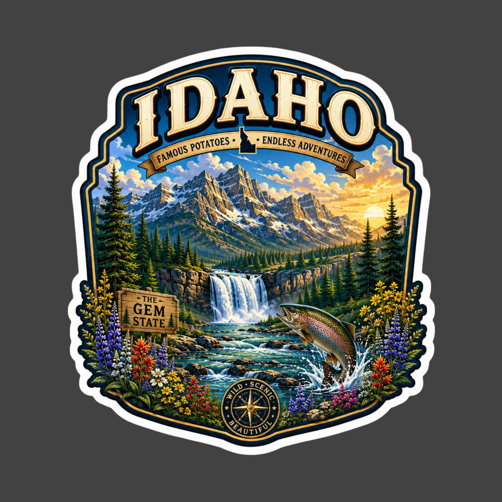 Idaho Sticker Vinyl Decal Waterfall Trout Fishing Mountains Travel Souvenir