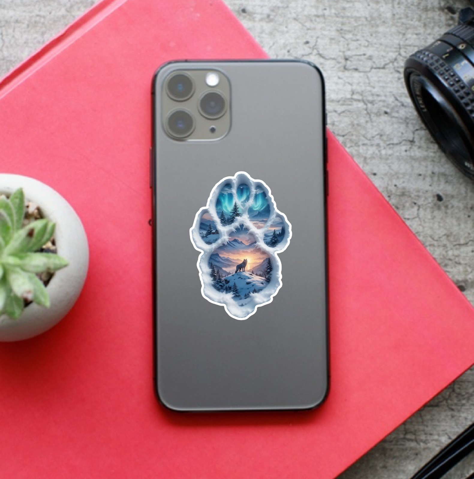 Wolf Paw Print Scene (2 Stickers) 3.5in, Waterproof, Glossy Finish Vinyl.