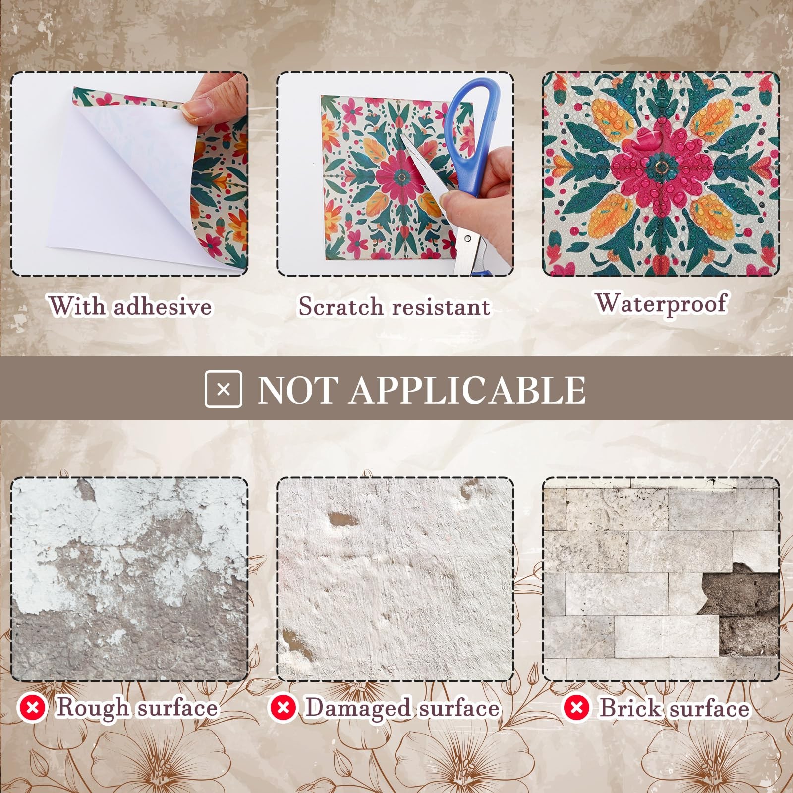 24 Pcs Vintage Tile Stickers 4×4 Inch Vintage Pink Flower Peel Stick Rustic R…