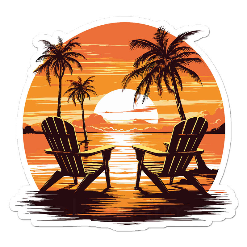 Beach Chairs Sunset, Vinyl Decal Sticker, Indoor Outdoor, 3 Sizes, #11916