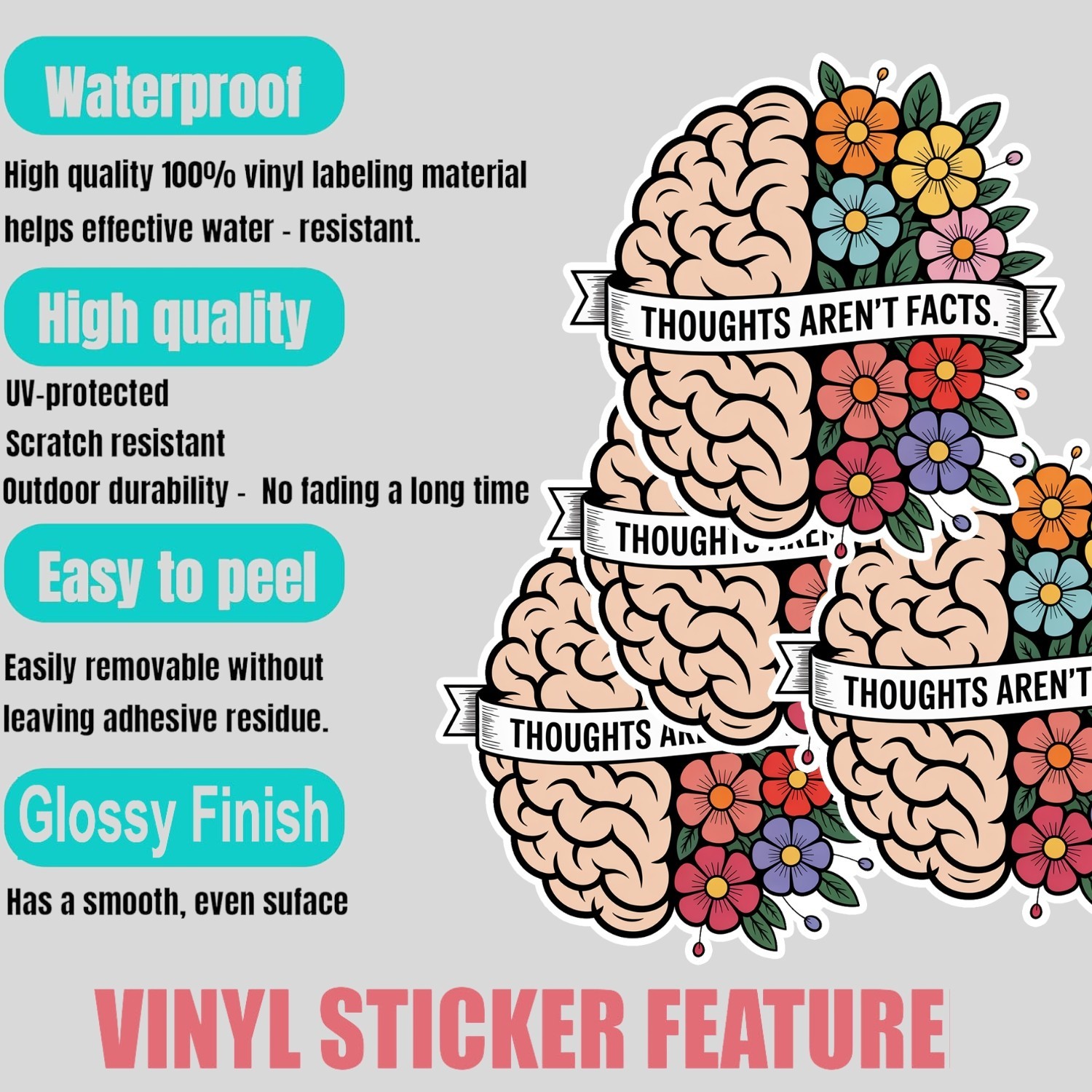 4PCS Thoughts Aren’t Facts Stickers: Mental Health CBT Therapy Vinyl Decals