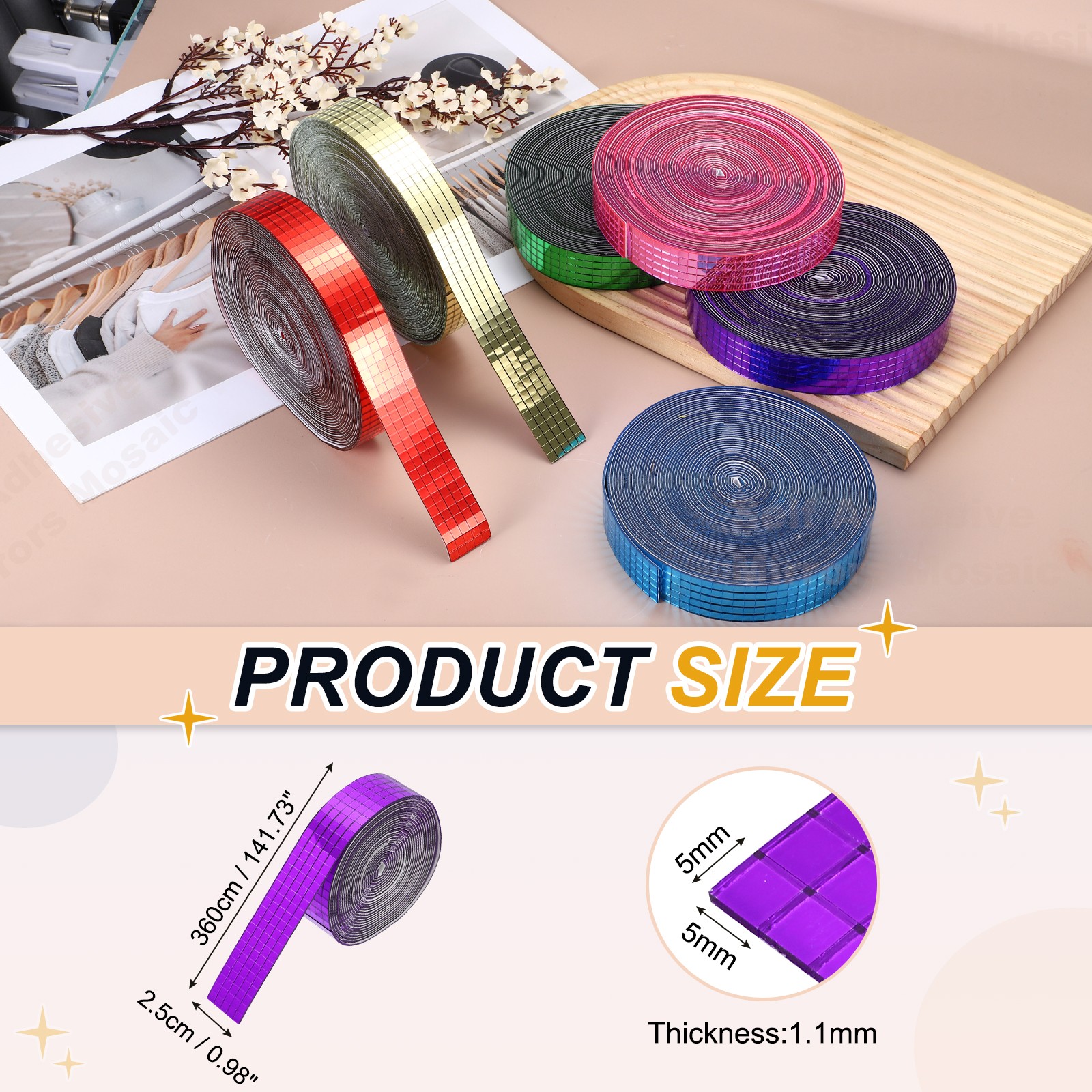 5x5mm Self Adhesive Mirrors Mosaic Tiles, 3600 Pcs Mosaic Sticker, Purple