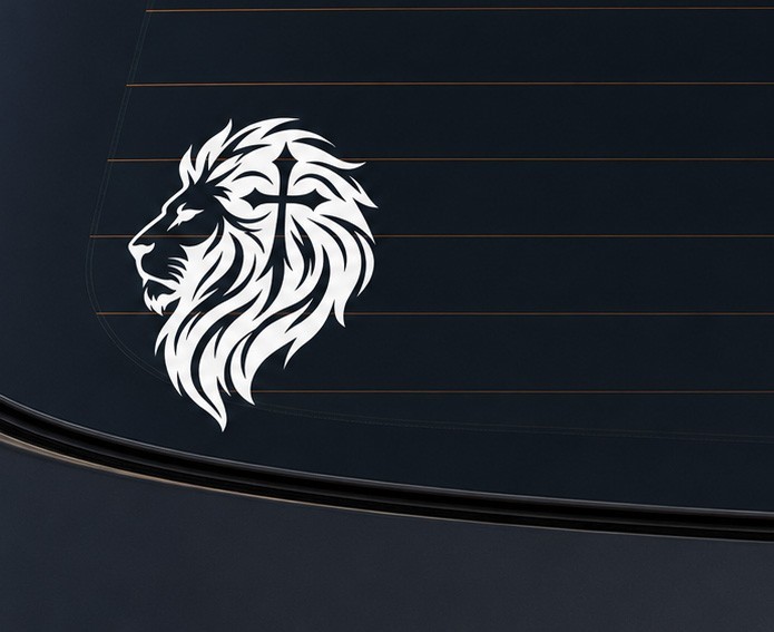 Lion Cross White Vinyl Decal Sticker Die Cut Car Window Laptop Christian 4"x3.2"