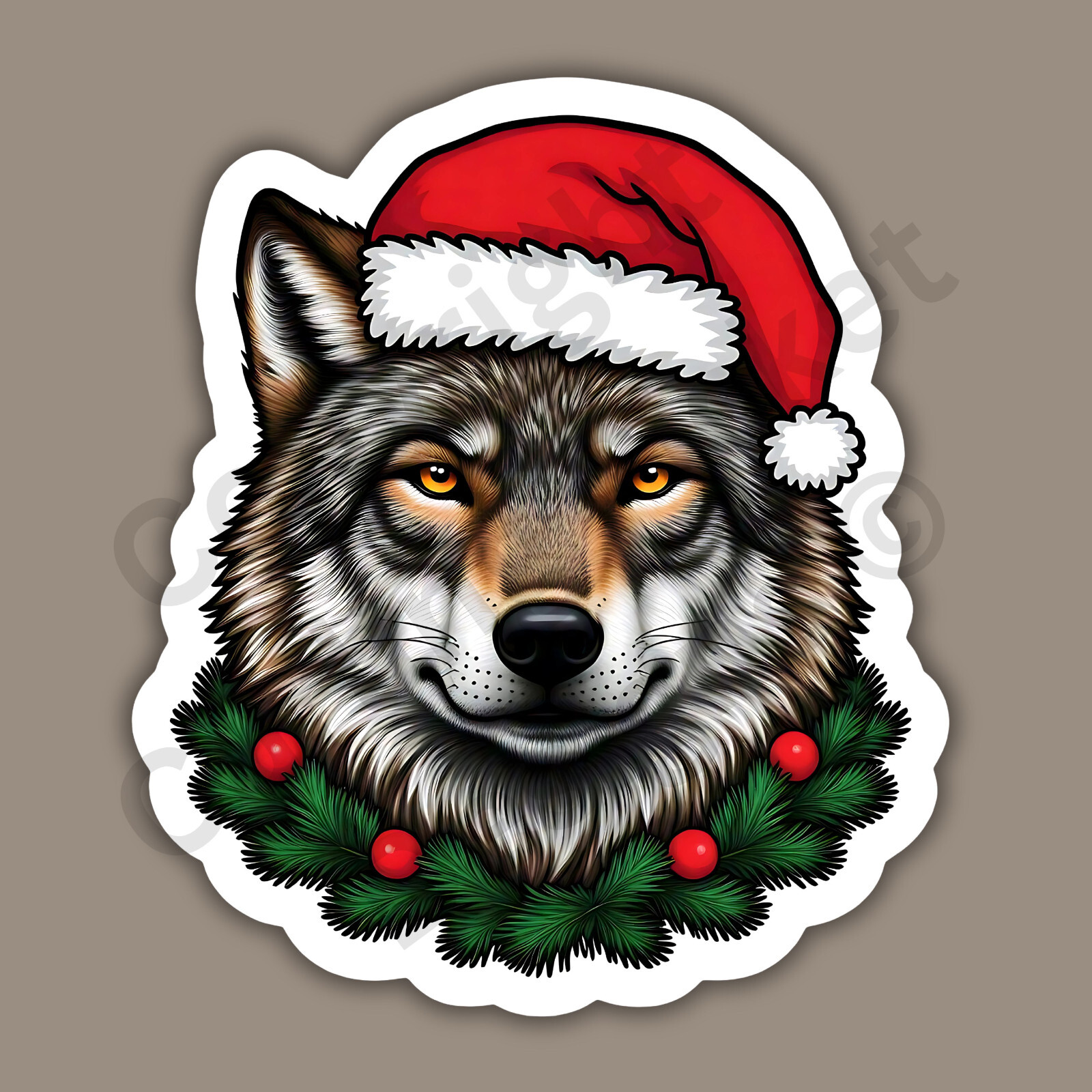 Christmas Wolf Zoo Animal Santa Hat Garland Cute Funny 3" Vinyl Sticker
