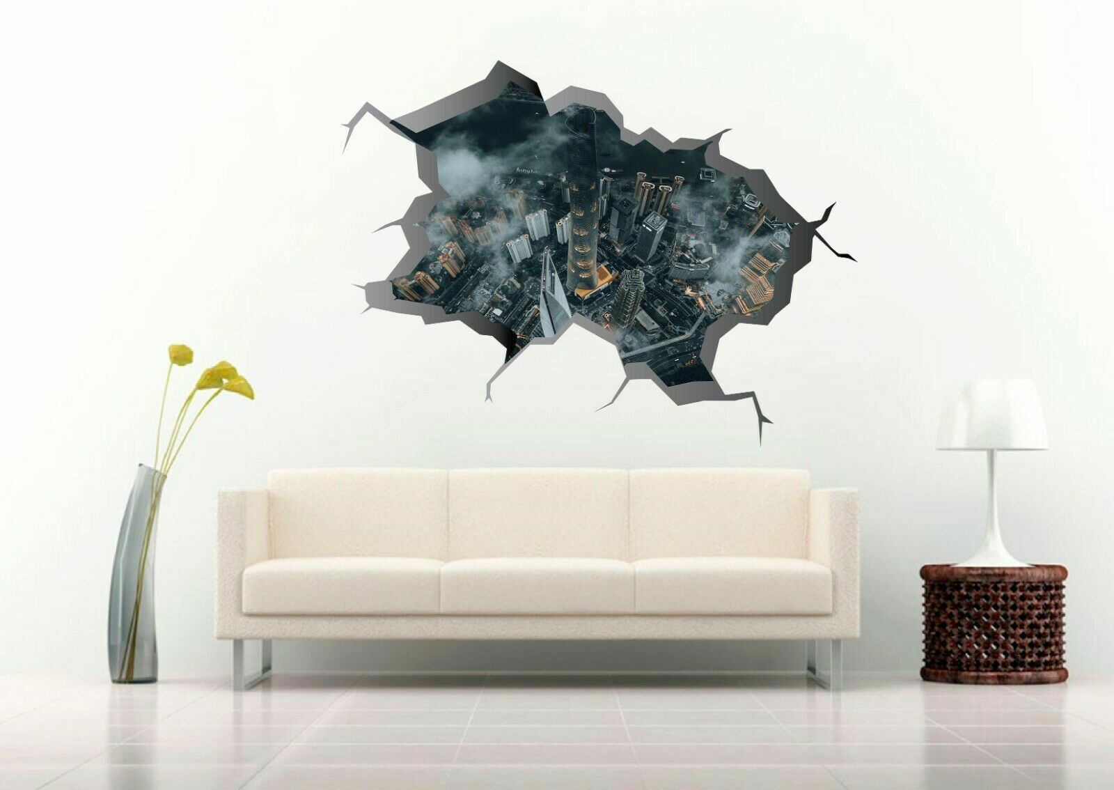 Shanghai Aerial View 3D Broken Wall Decal Vinyl Sticker Mural Wall Art Decor
