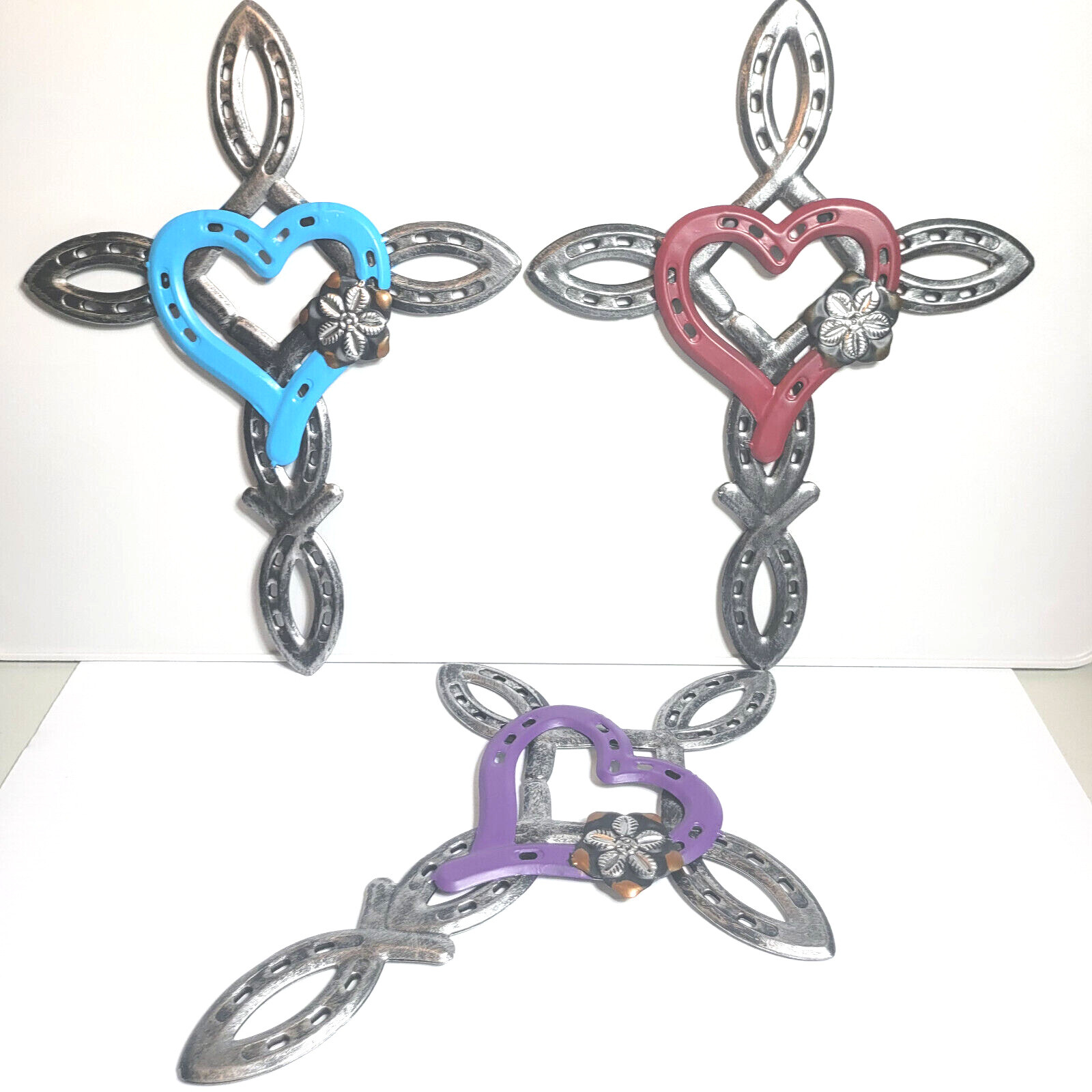 Faux Horseshoe Cross w Heart Metal Alloy Wall Art Deco w CHRISTian Fish Embedded