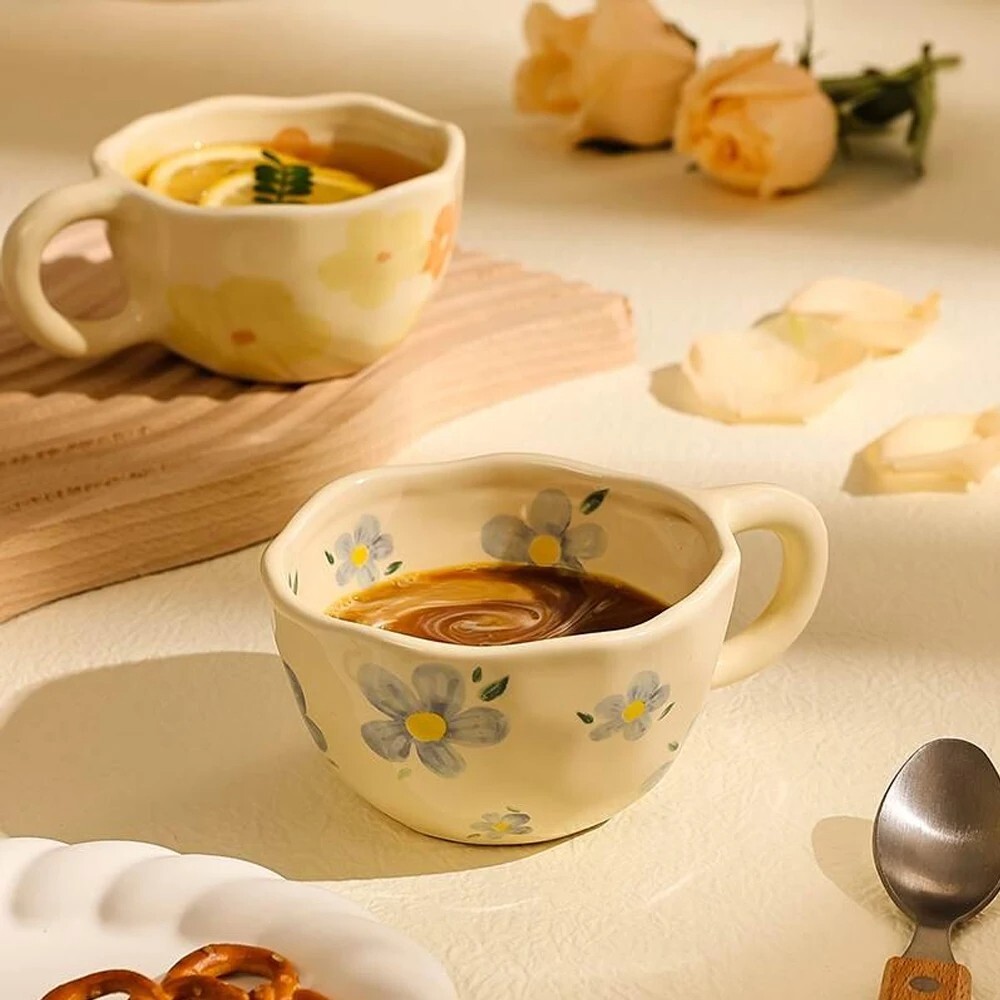 Handcrafted Ceramic Mug – Irregular Flower Coffee Cup, Korean Style for Tea