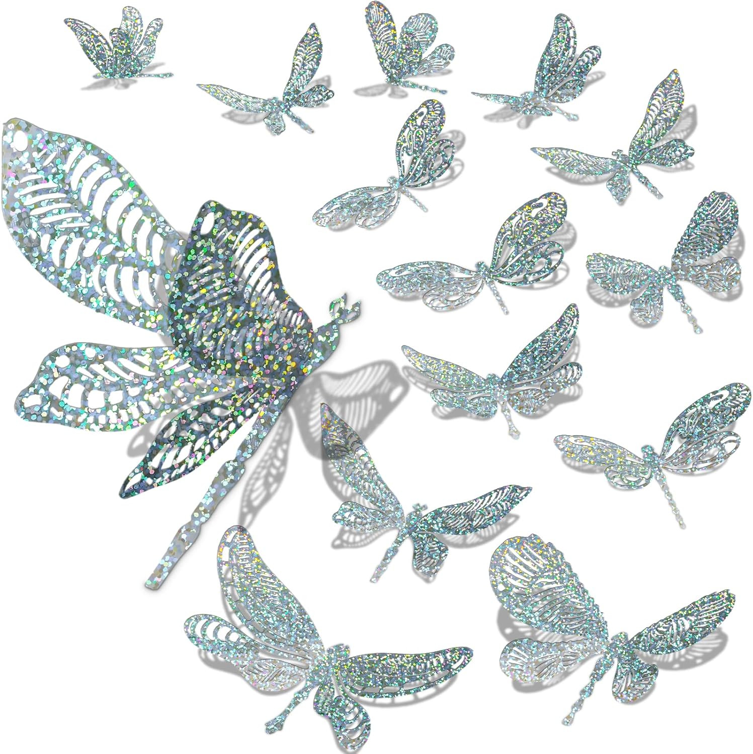60 Pcs 3D Silver Dragonfly Wall Decor, 4 Styles 3 Sizes,Dragonfly Cake Birthday