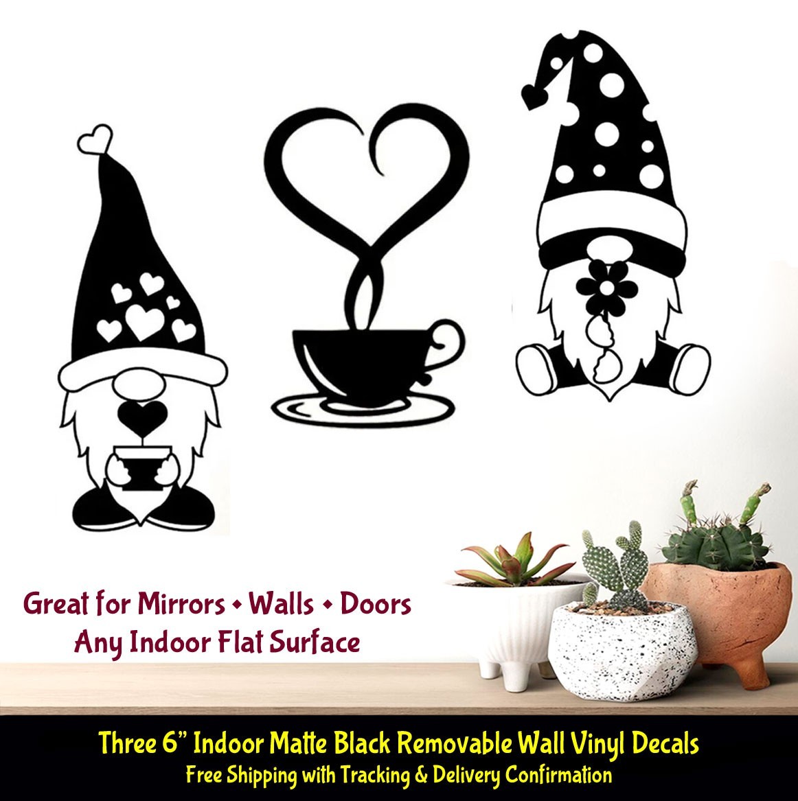 Heart Love Coffee Gnomes Three 6" Indoor Removable Matte Black Vinyl Decal Wall