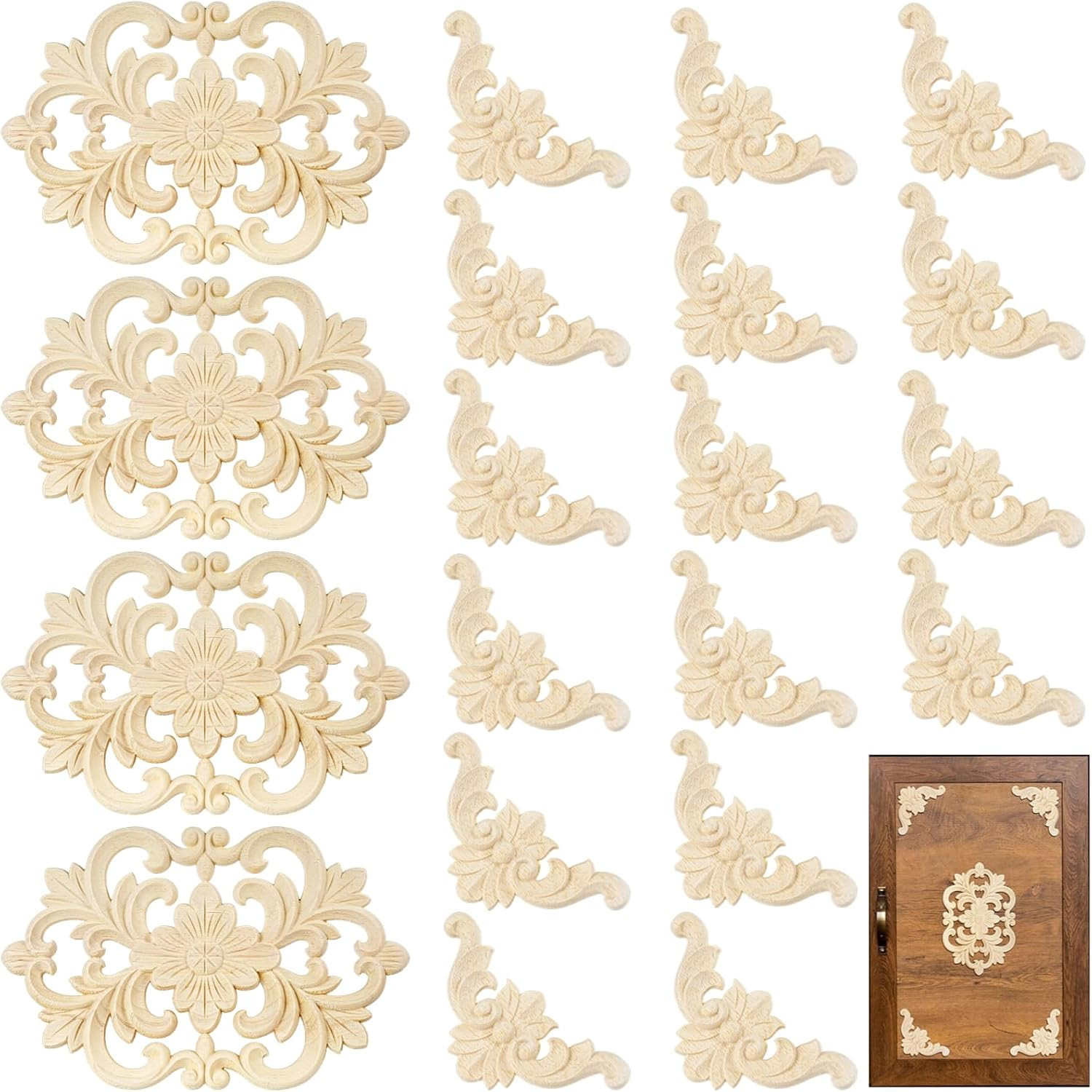 20 Pcs Wood Carved Appliques Onlays, Decorative Flower Decals for Furniture