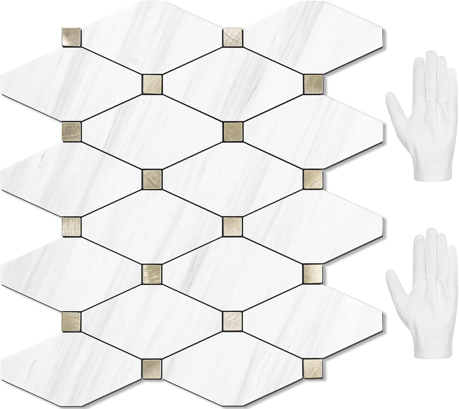 10 Sheets Peel Stick Dolomite Mosaic Tile White Marble Look PVC Mixed Metal Gold