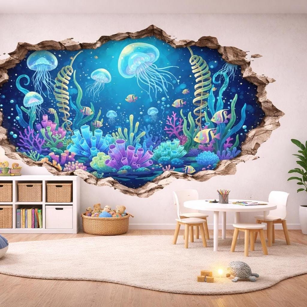 3D Underwater Wall Vinyl Decal | Jellyfish Coral Reef Broken Wall Illusion