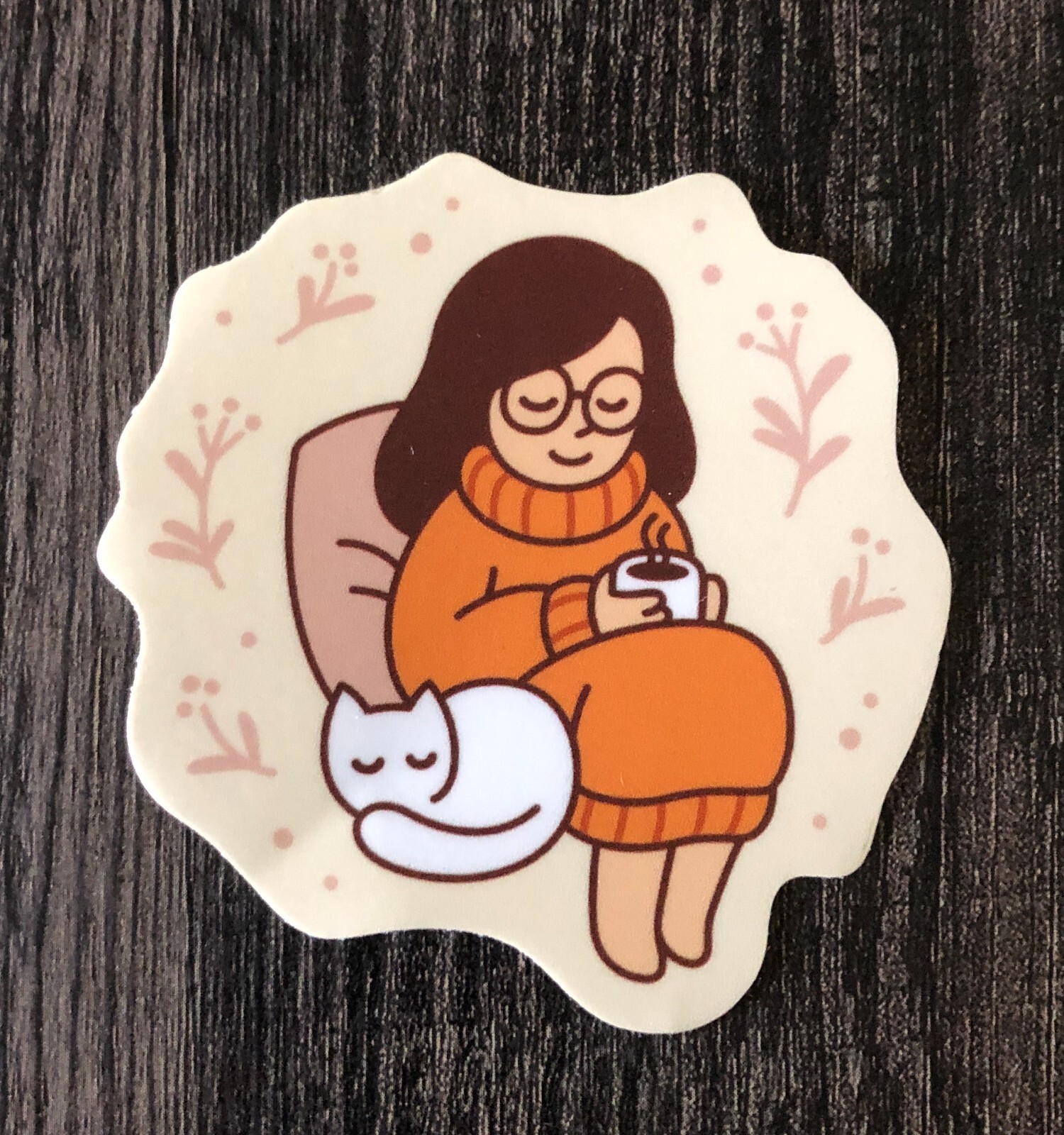 Girl Drinking Coffee Sticker, thermos sticker, laptop sticker, vinyl decal, cat