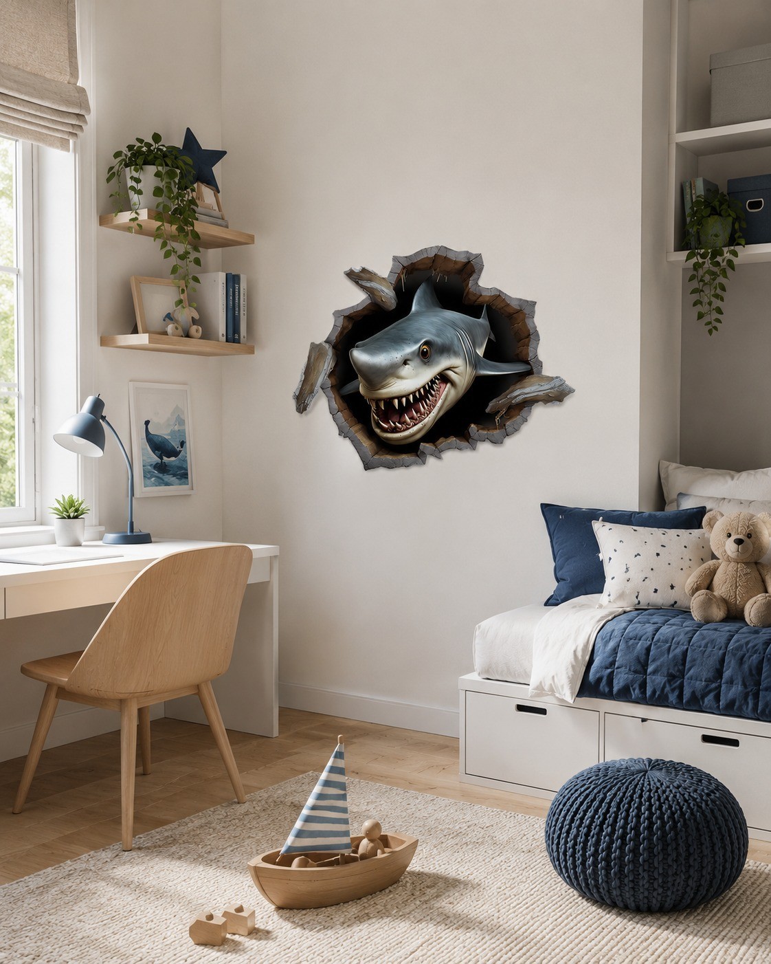 3D Shark Wall Decal – Realistic Breaking Through Wall Sticker for Kids Bedroom D