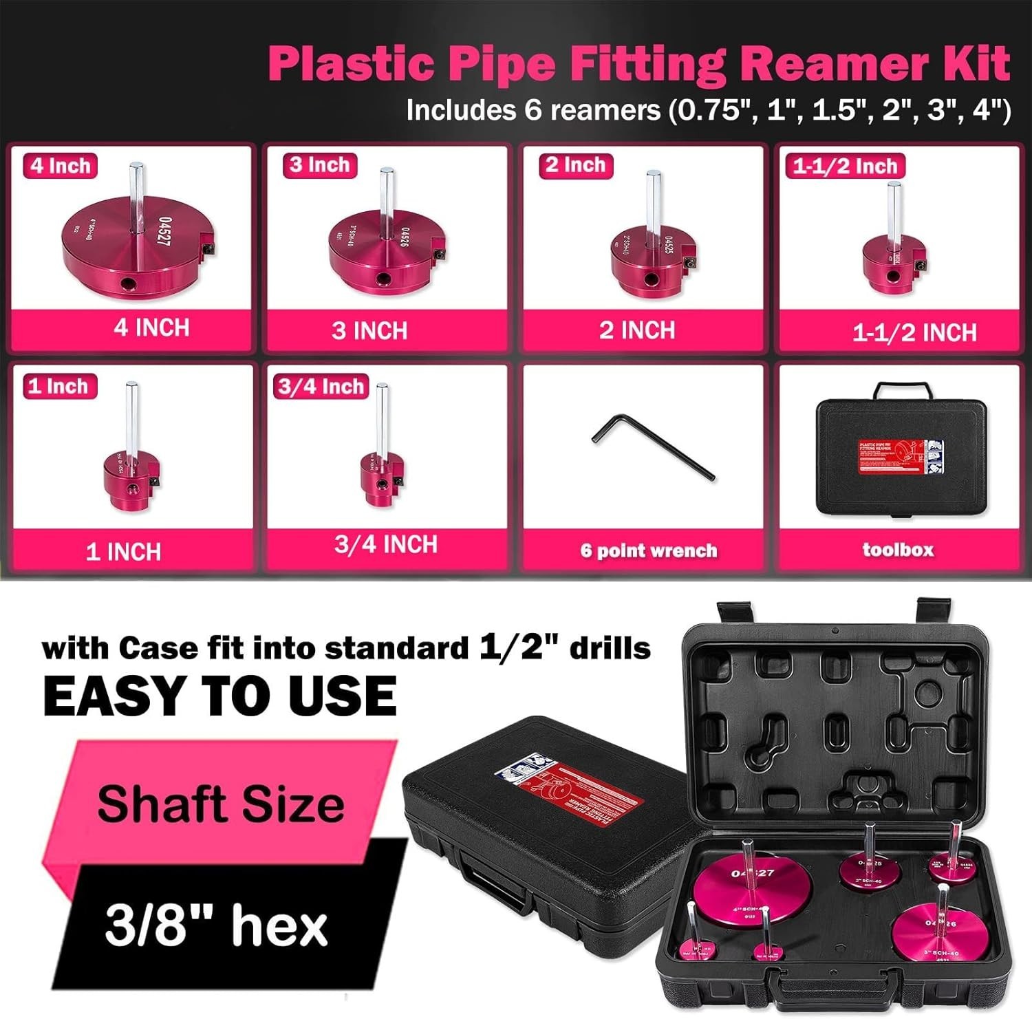 6PCS PVC Pipe Reamer Kit with Wrenches & Extension for CPVC, PPR, ABS Fittings