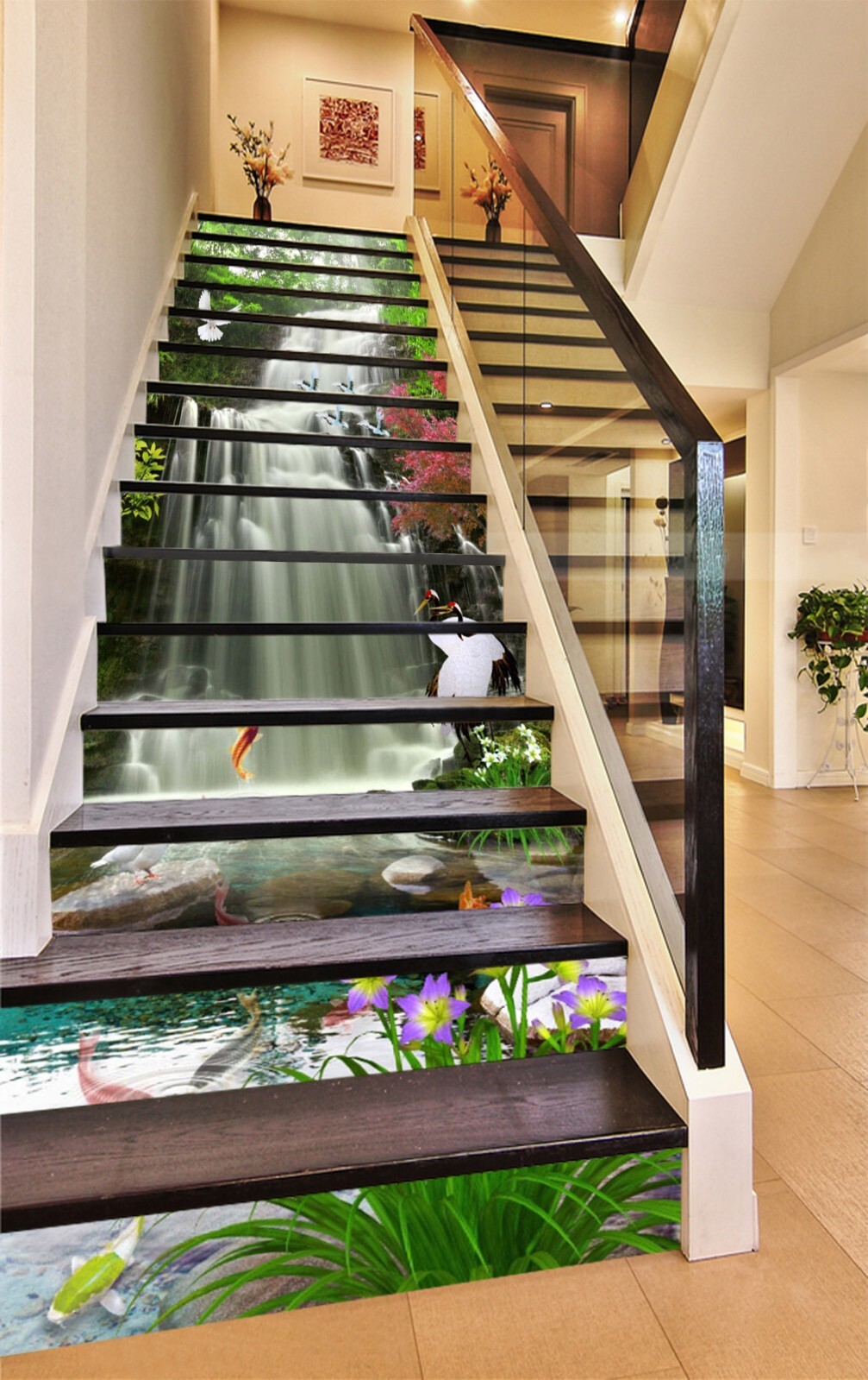 3D Waterfall Goldfish AZ951 Stair Risers Decoration Mural Vinyl Wallpaper Kay