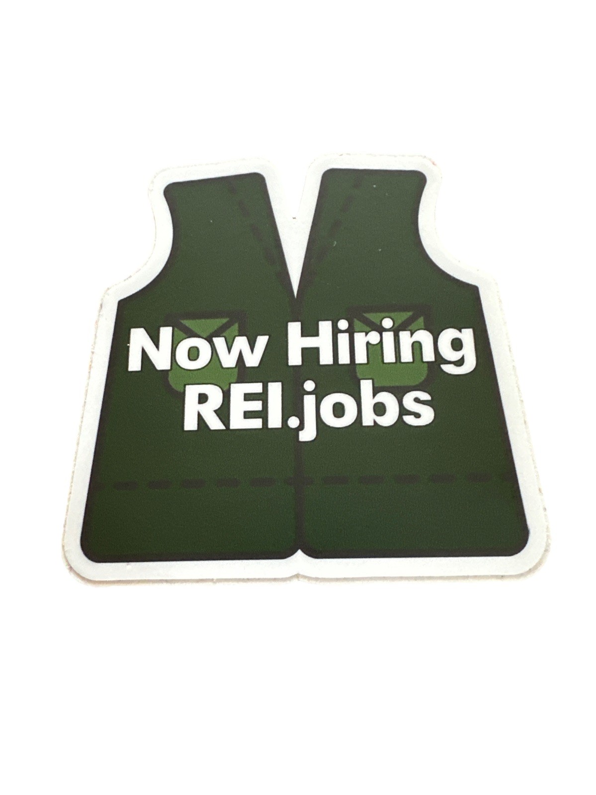 Original REI Green Vest Now Hiring REI.jobs Sticker Decal 3 Inch