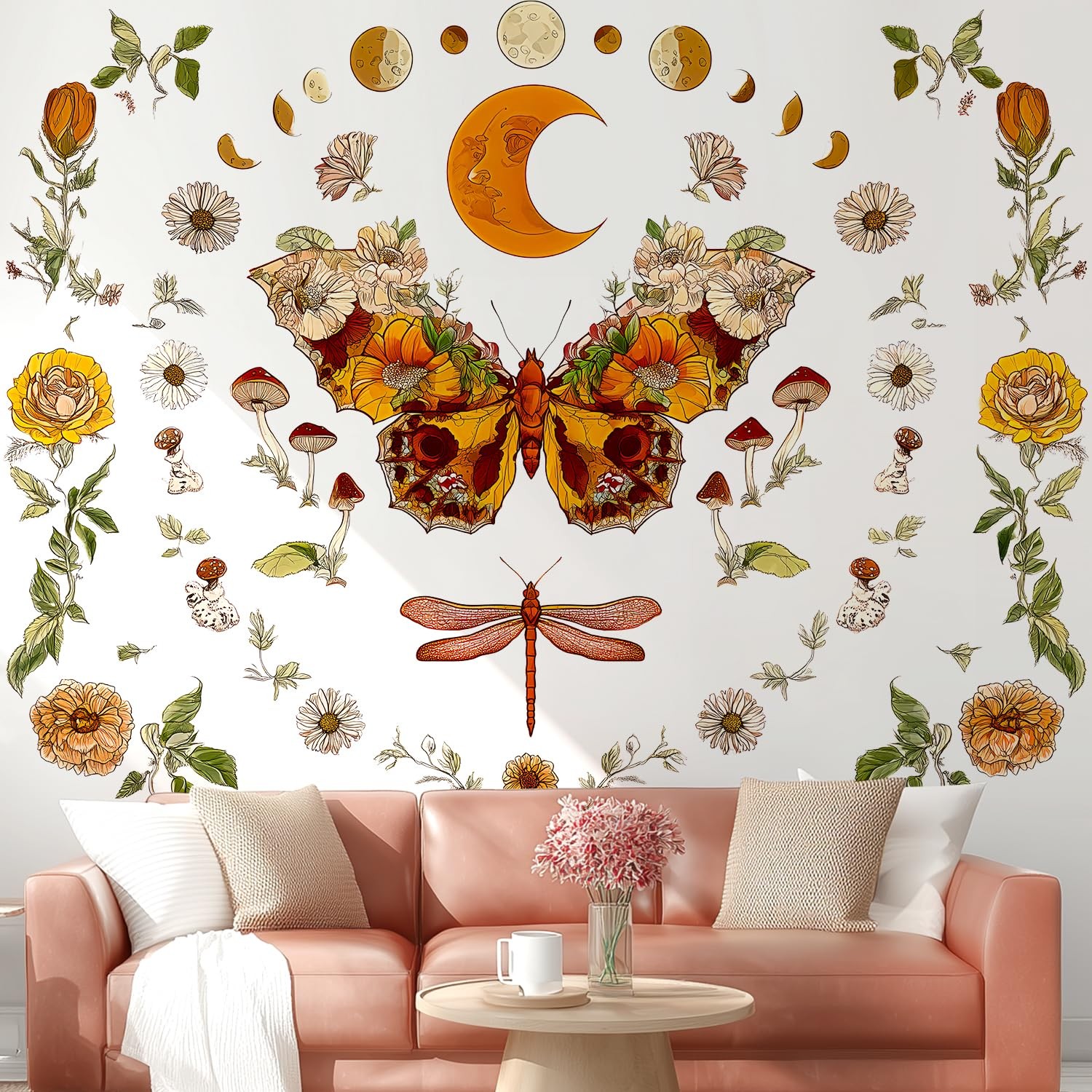 Boho Flowers Butterfly Wall Decals Peel and Stick, Sun and Moon Vinyl Wall De…