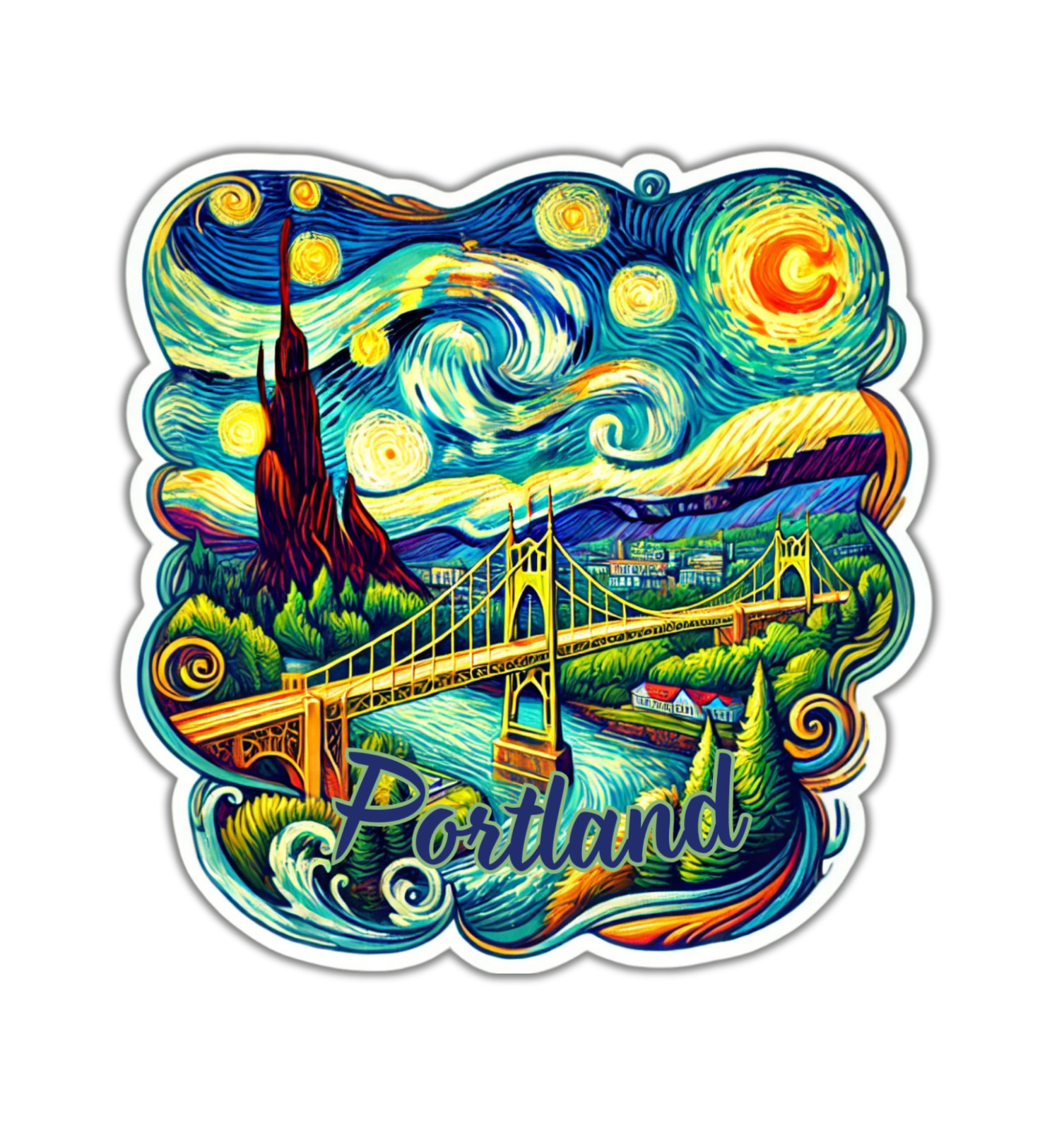 Portland Oregon Van Gogh Inspired Fridge Magnet or Laptop Sticker