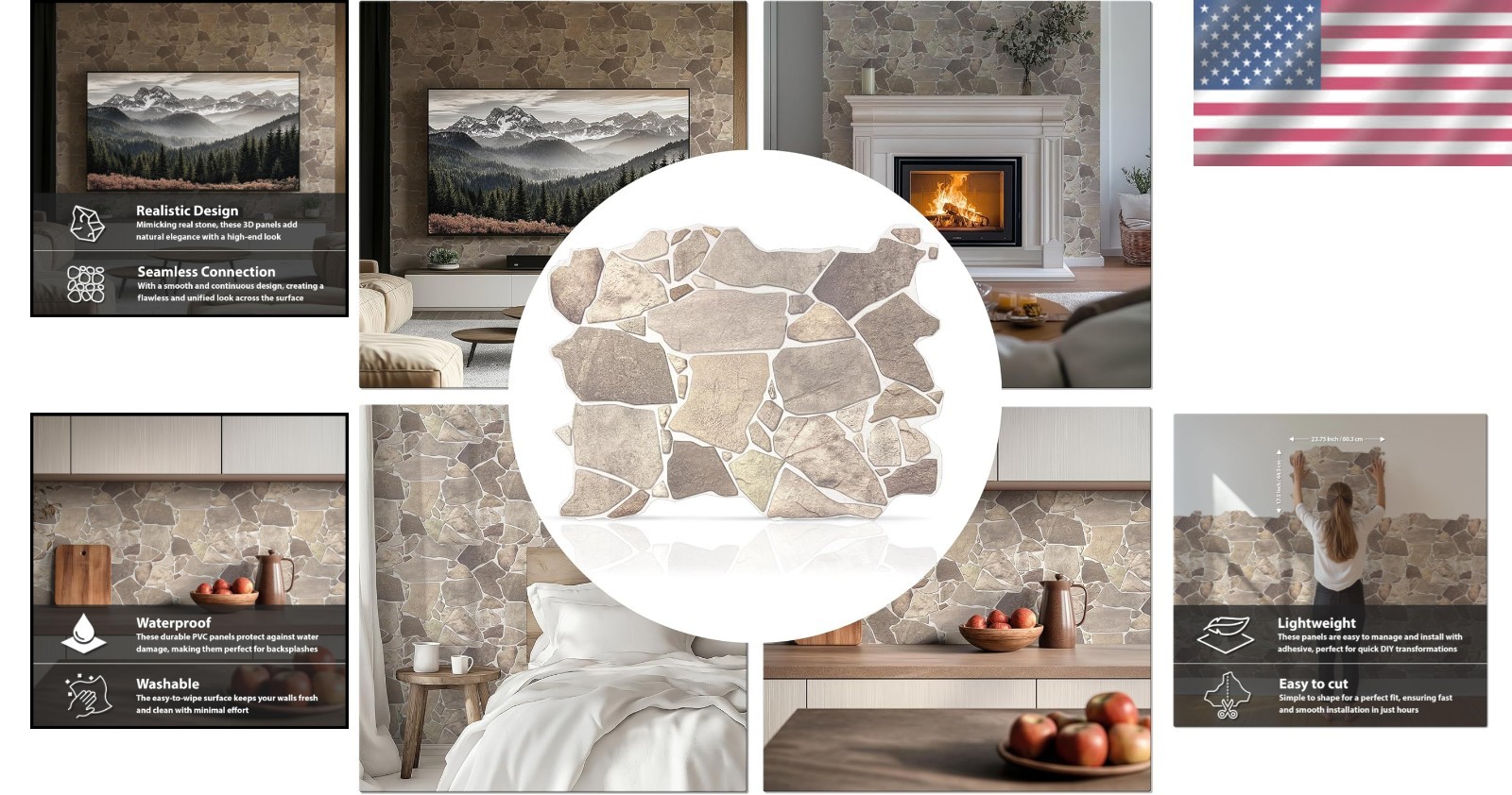 Natural Style 3D Stone Panels – Grey Beige Brown, 15 Pack